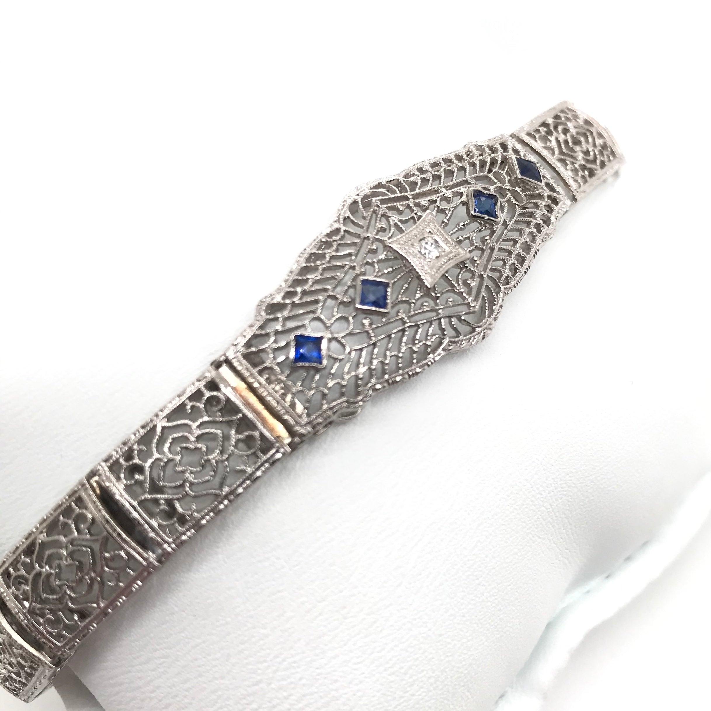 Antique Diamond and Sapphire Filigree Bracelet For Sale 2