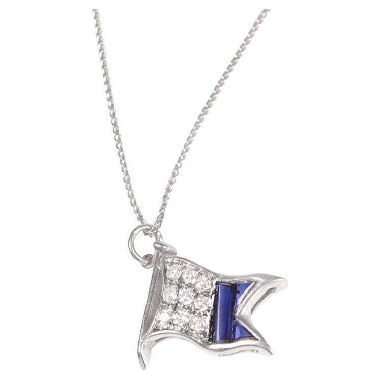 Antique Diamond and Sapphire Flag Charm Pendant Necklace, Platinum, Circa 1920 For Sale