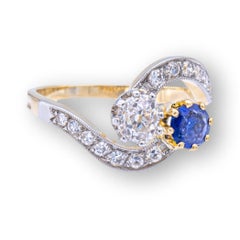 Antique Diamond and Sapphire French Bypass Ring Platinum 18KY Gold Circa 1890's
