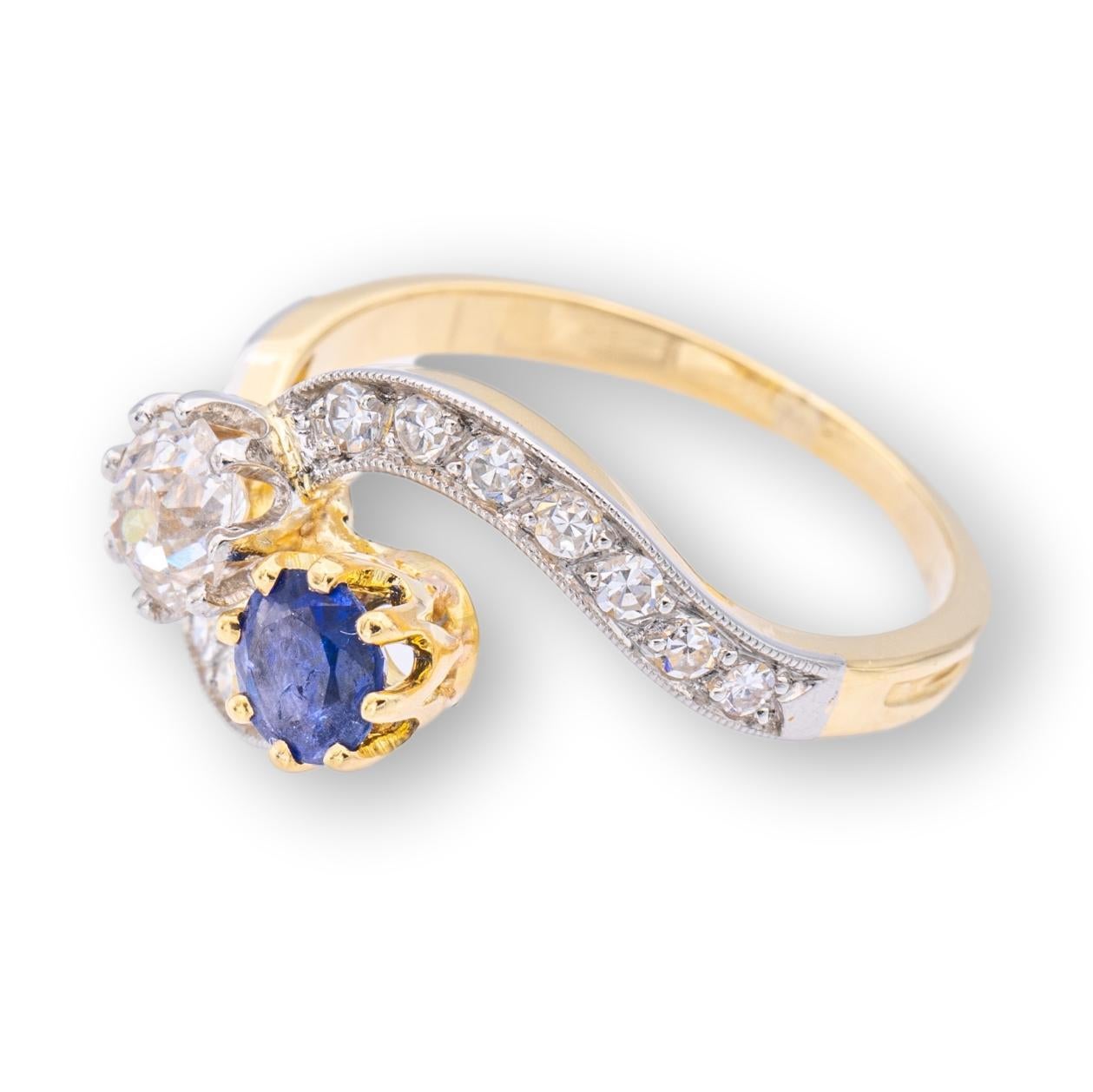 Antique Diamond and Sapphire French Bypass Ring Platinum 18KY Gold Circa 1890's In Good Condition For Sale In New York, NY