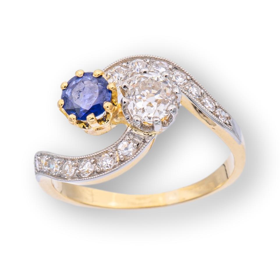 Women's Antique Diamond and Sapphire French Bypass Ring Platinum 18KY Gold Circa 1890's For Sale