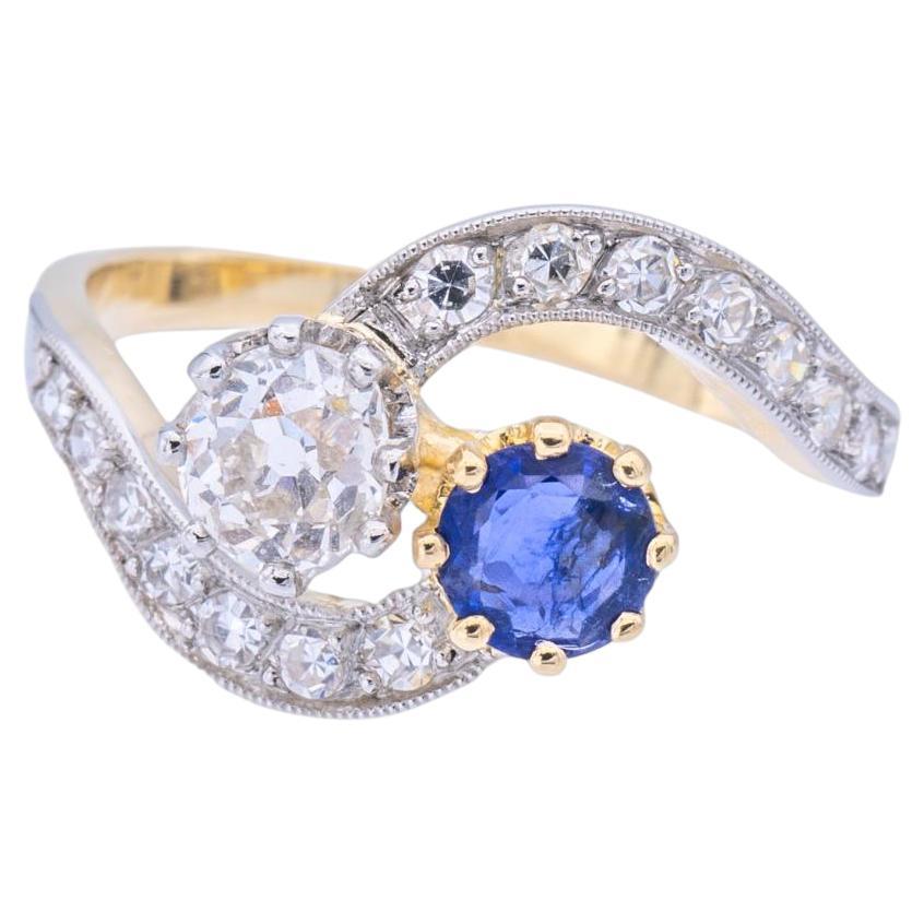 Antique Diamond and Sapphire French Bypass Ring Platinum 18KY Gold Circa 1890's