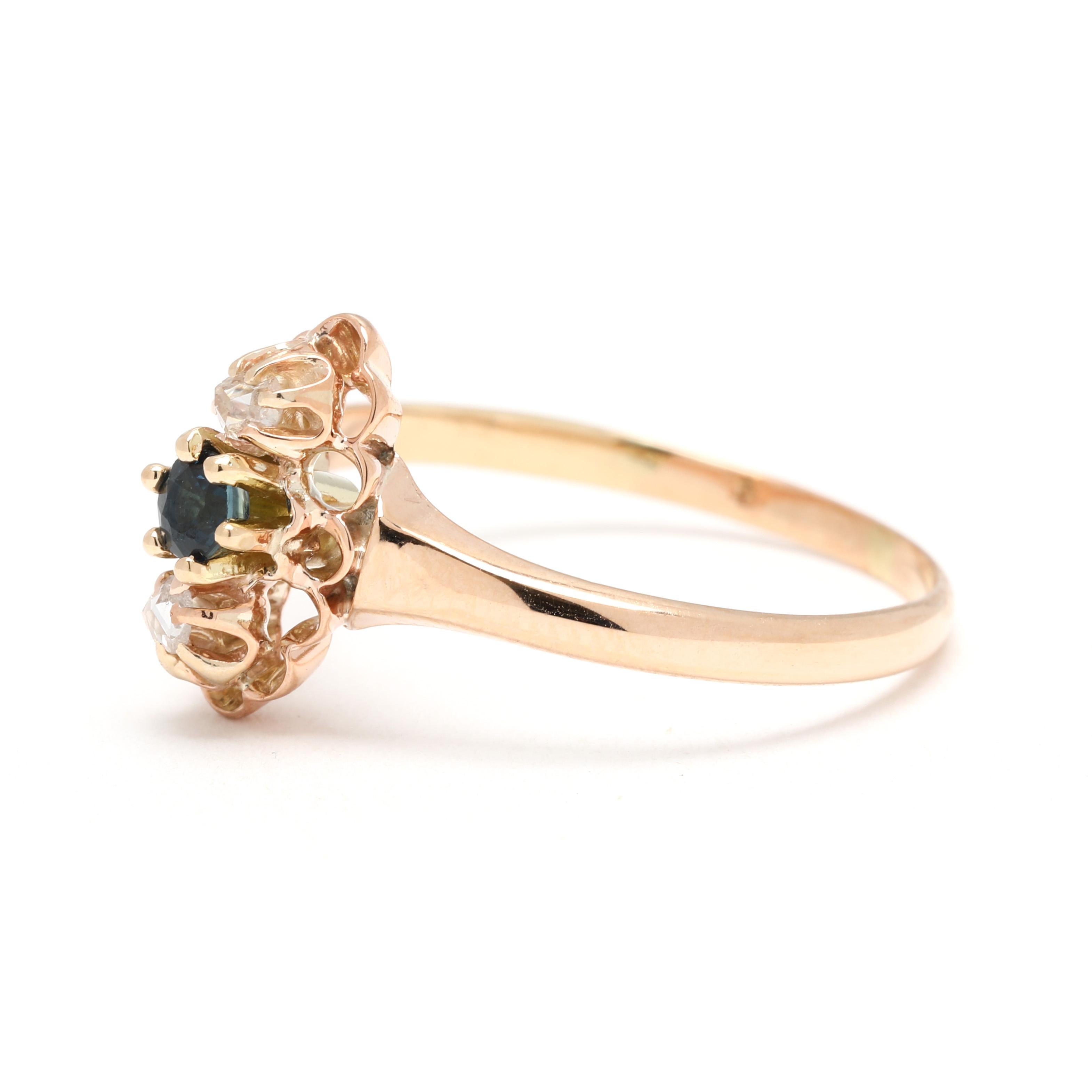 Bague ancienne en or jaune 14k, diamant et saphir, taille 7 Bon état - En vente à McLeansville, NC