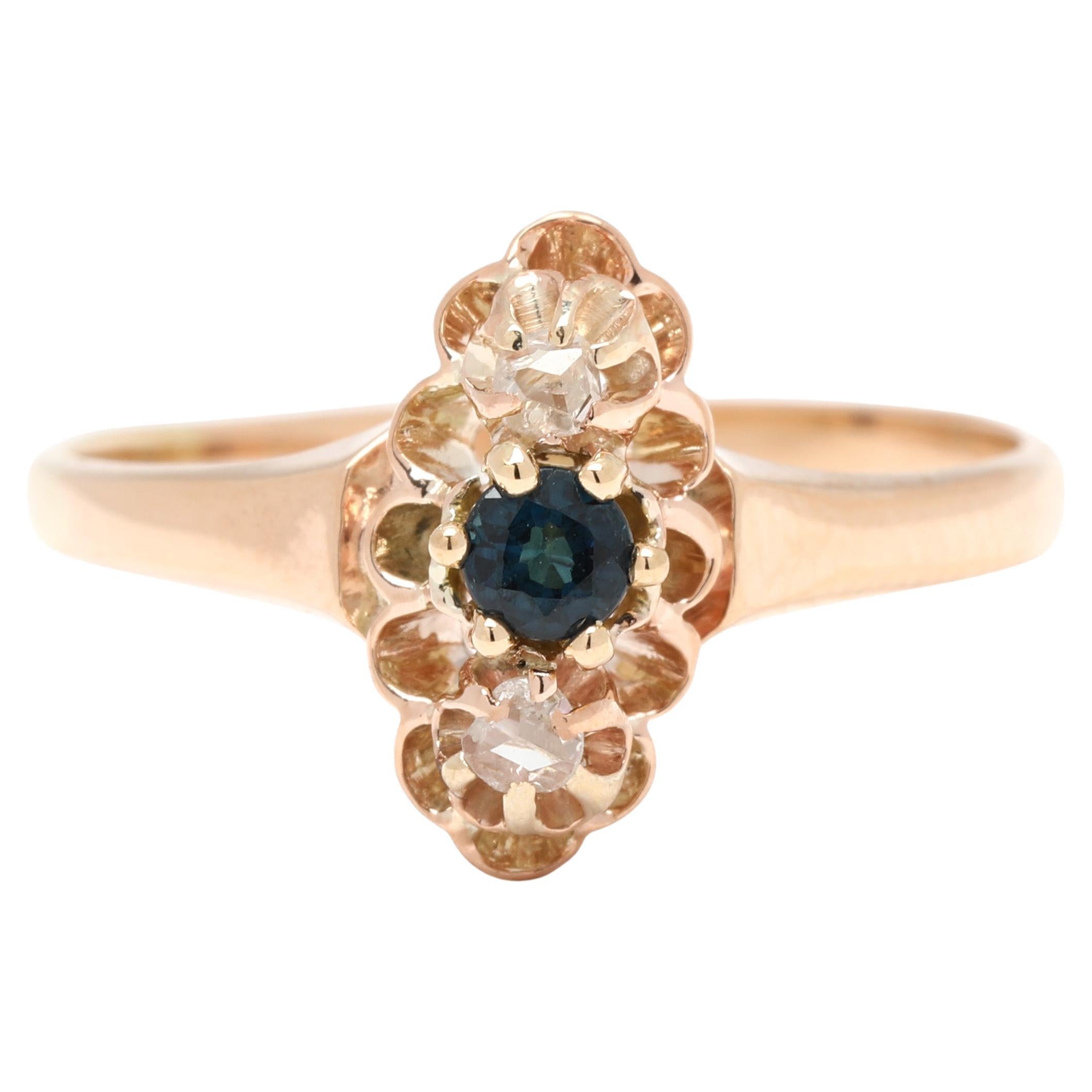 Bague ancienne en or jaune 14k, diamant et saphir, taille 7