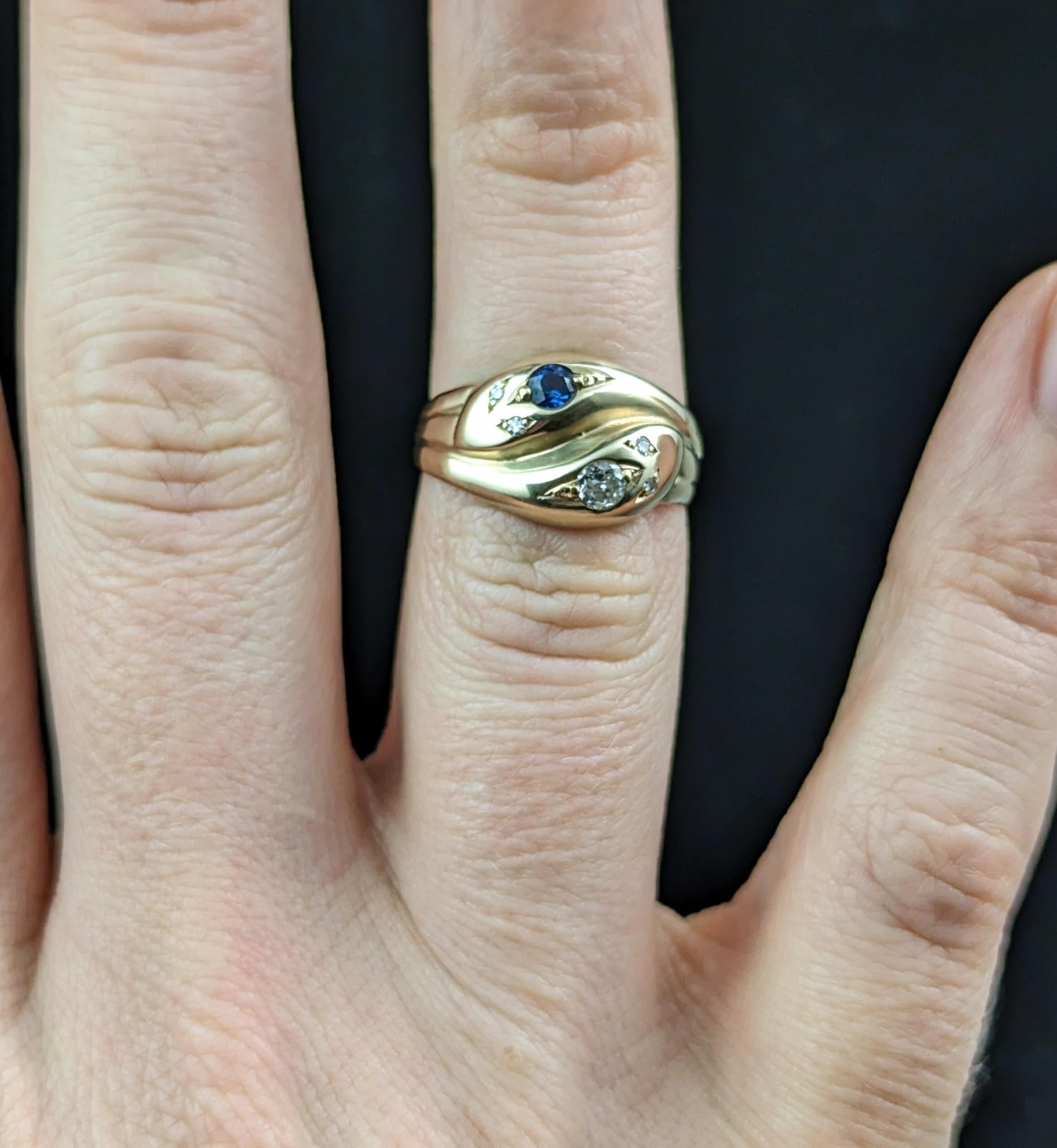 Antique Diamond and Sapphire Snake Ring, 9k Yellow Gold For Sale 4