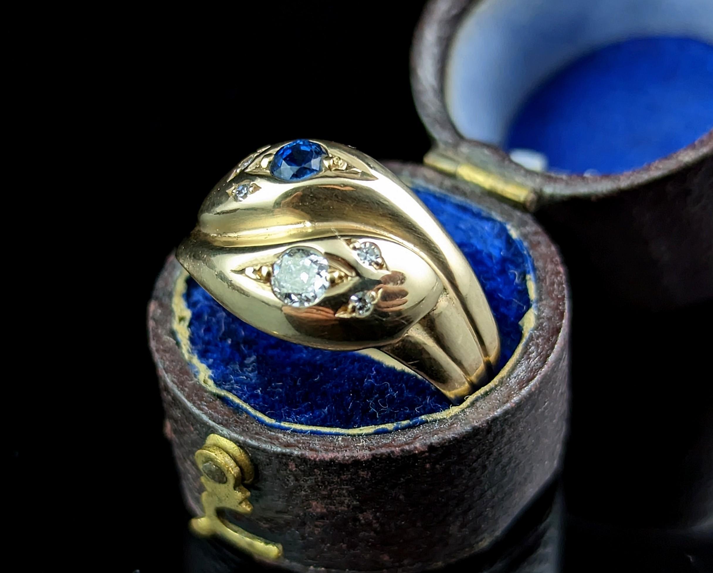 Antique Diamond and Sapphire Snake Ring, 9k Yellow Gold For Sale 6