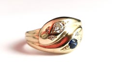 Antique Diamond and Sapphire Snake Ring, 9k Yellow Gold