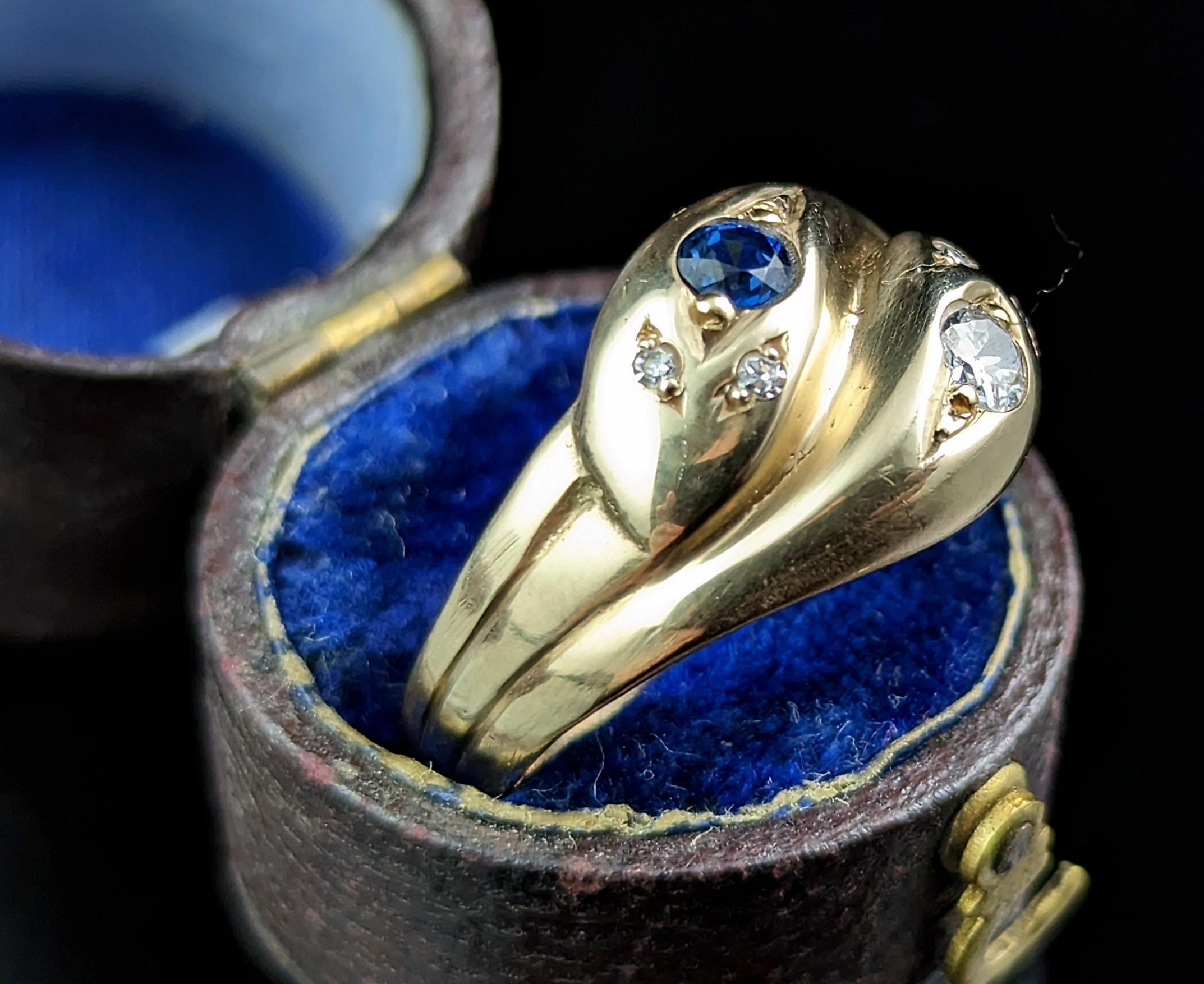 Antique Diamond and Sapphire Snake Ring, 9k Yellow Gold For Sale 7