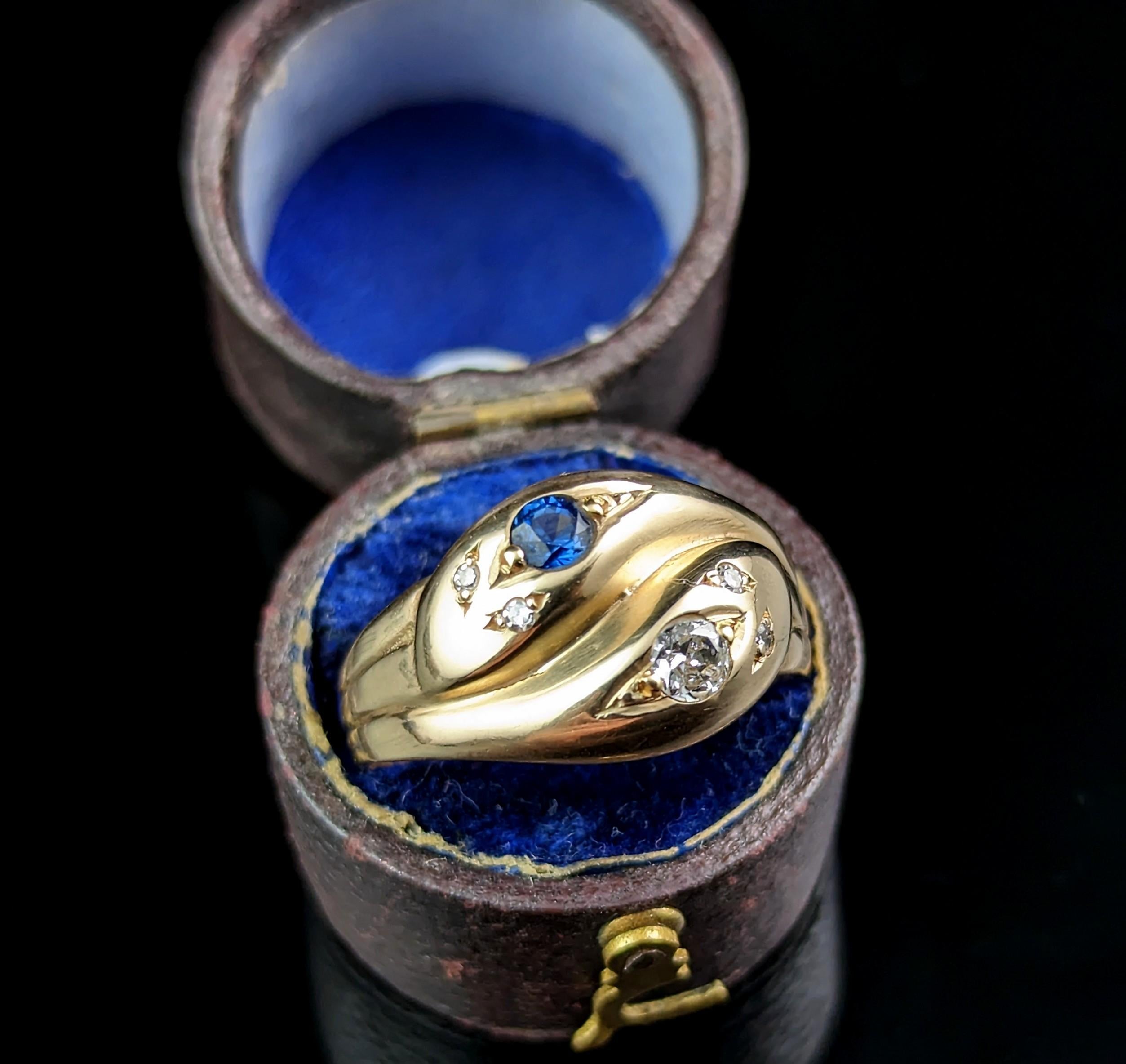 Antique Diamond and Sapphire Snake Ring, 9k Yellow Gold For Sale 8