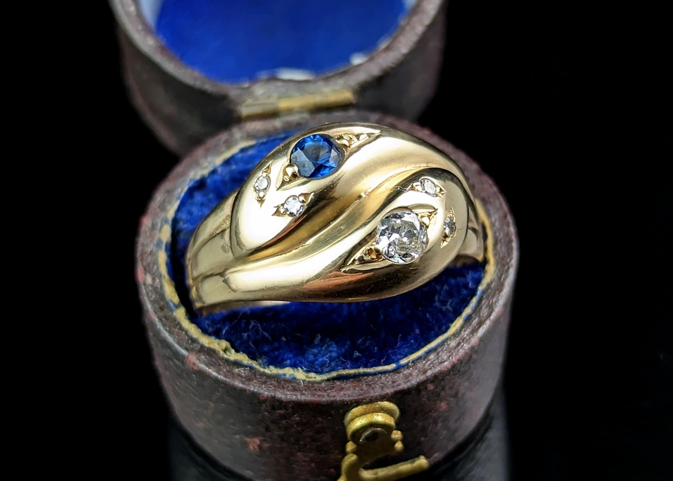 Antique Diamond and Sapphire Snake Ring, 9k Yellow Gold For Sale 9