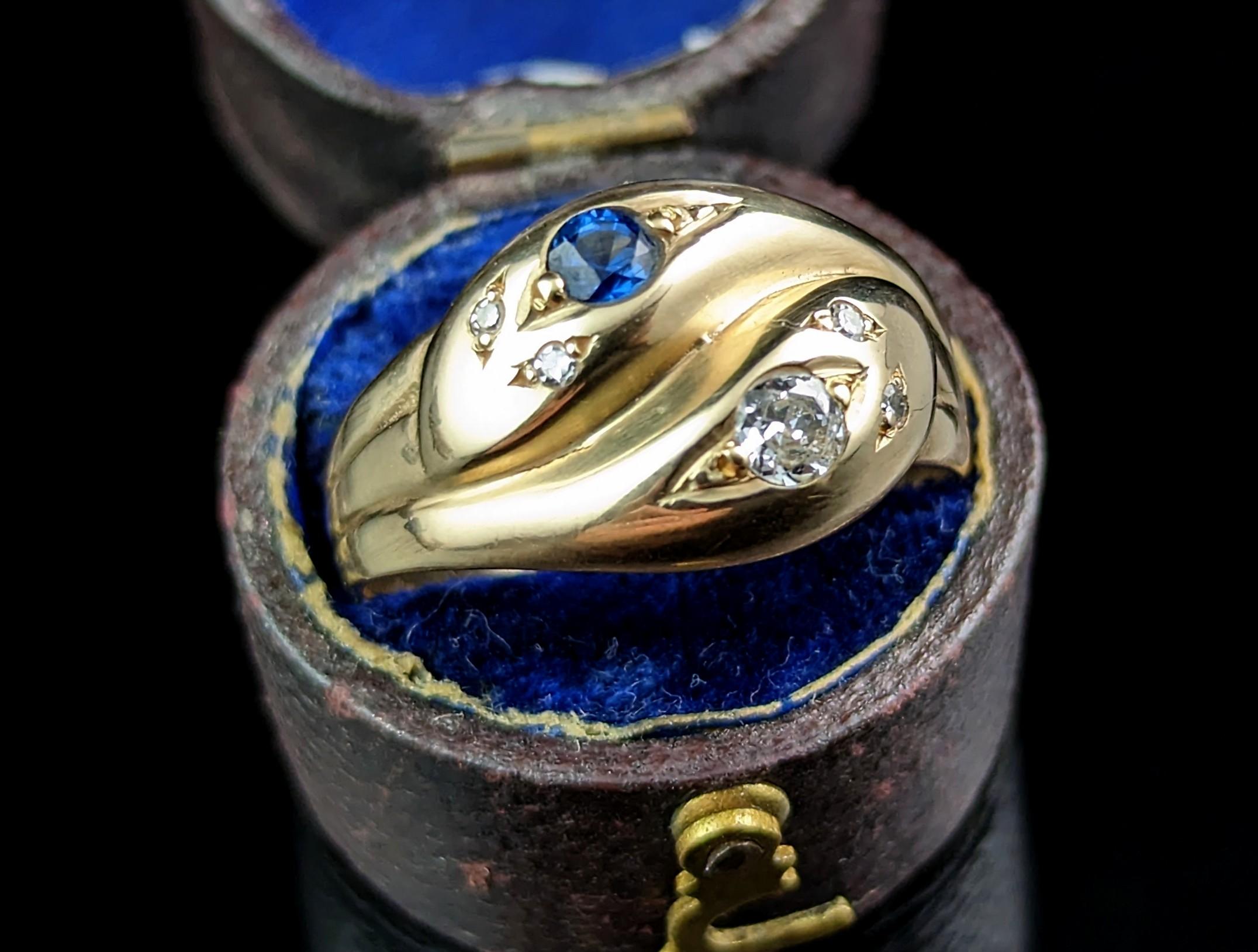 Antique Diamond and Sapphire Snake Ring, 9k Yellow Gold For Sale 10