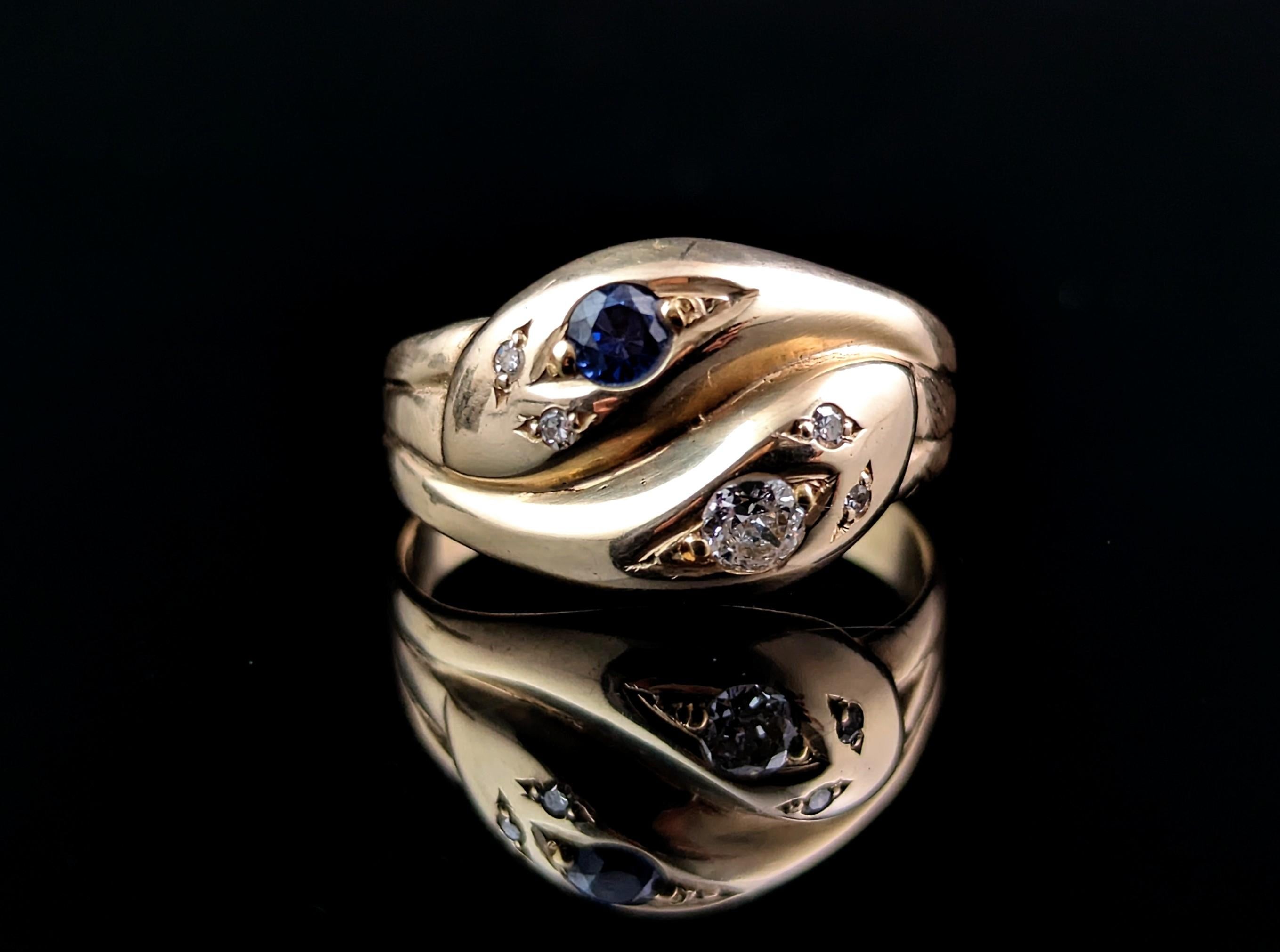 Antique Diamond and Sapphire Snake Ring, 9k Yellow Gold For Sale 11