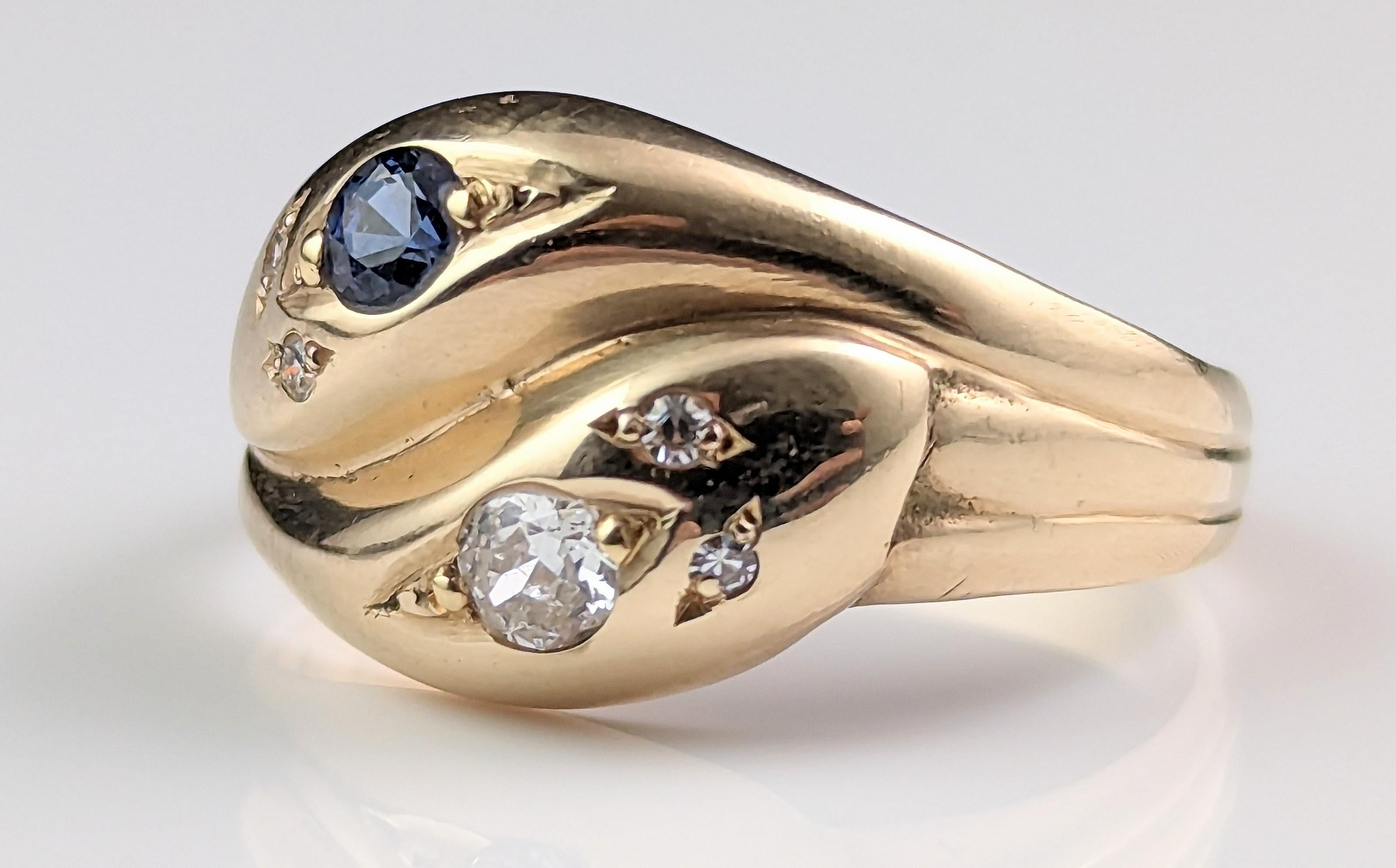Victorian Antique Diamond and Sapphire Snake Ring, 9k Yellow Gold For Sale