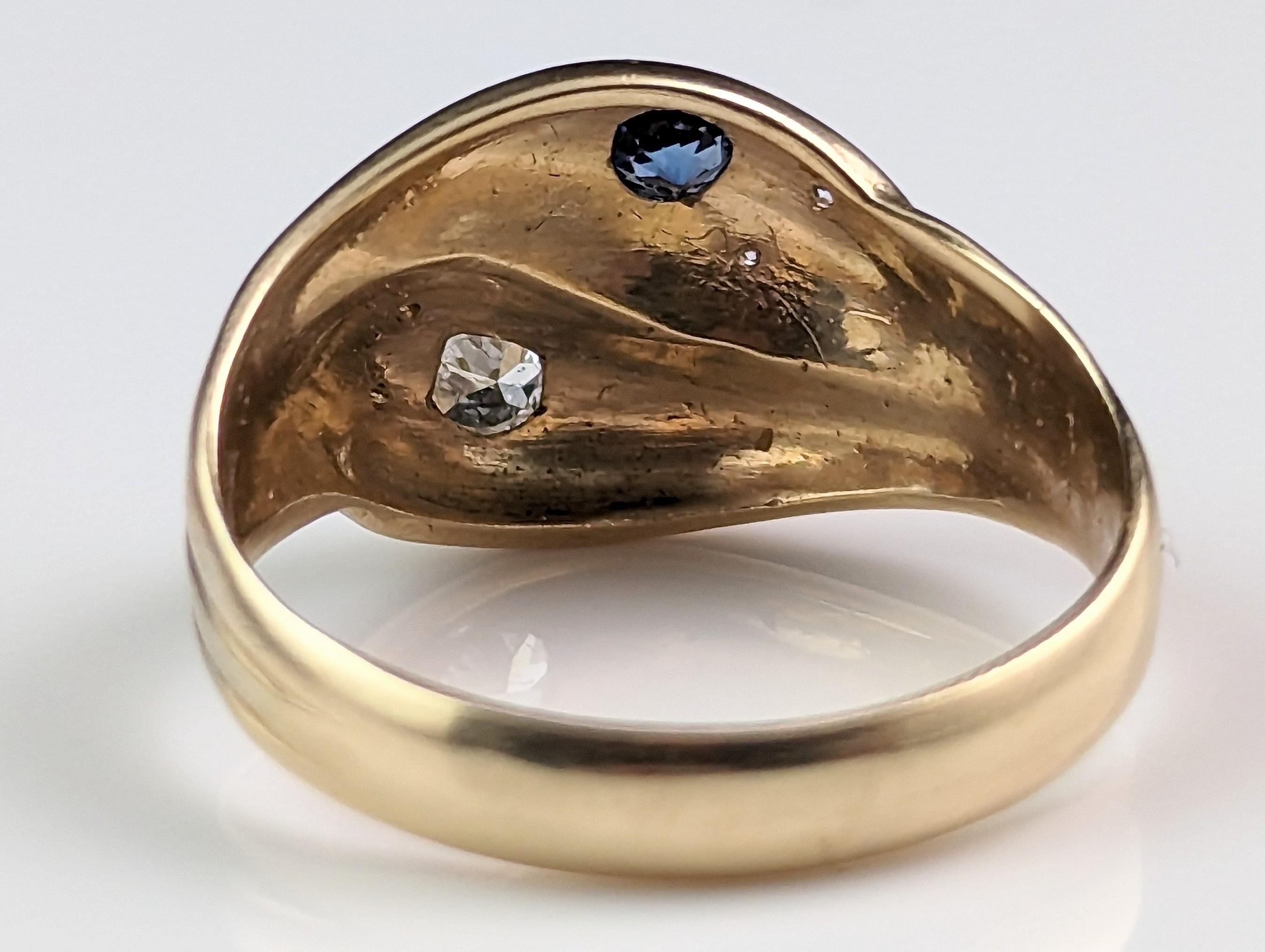 Antique Diamond and Sapphire Snake Ring, 9k Yellow Gold In Good Condition For Sale In NEWARK, GB