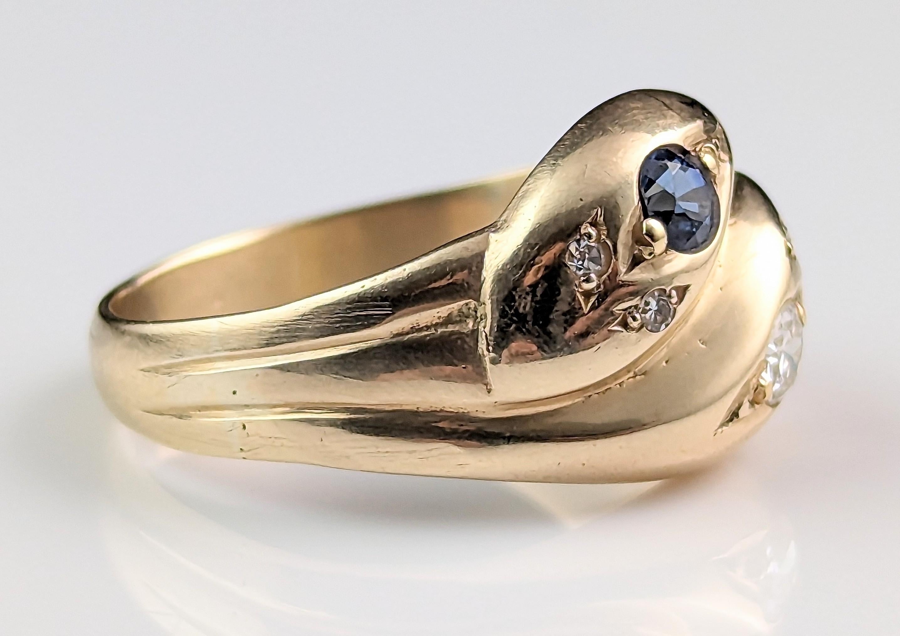 Women's or Men's Antique Diamond and Sapphire Snake Ring, 9k Yellow Gold For Sale