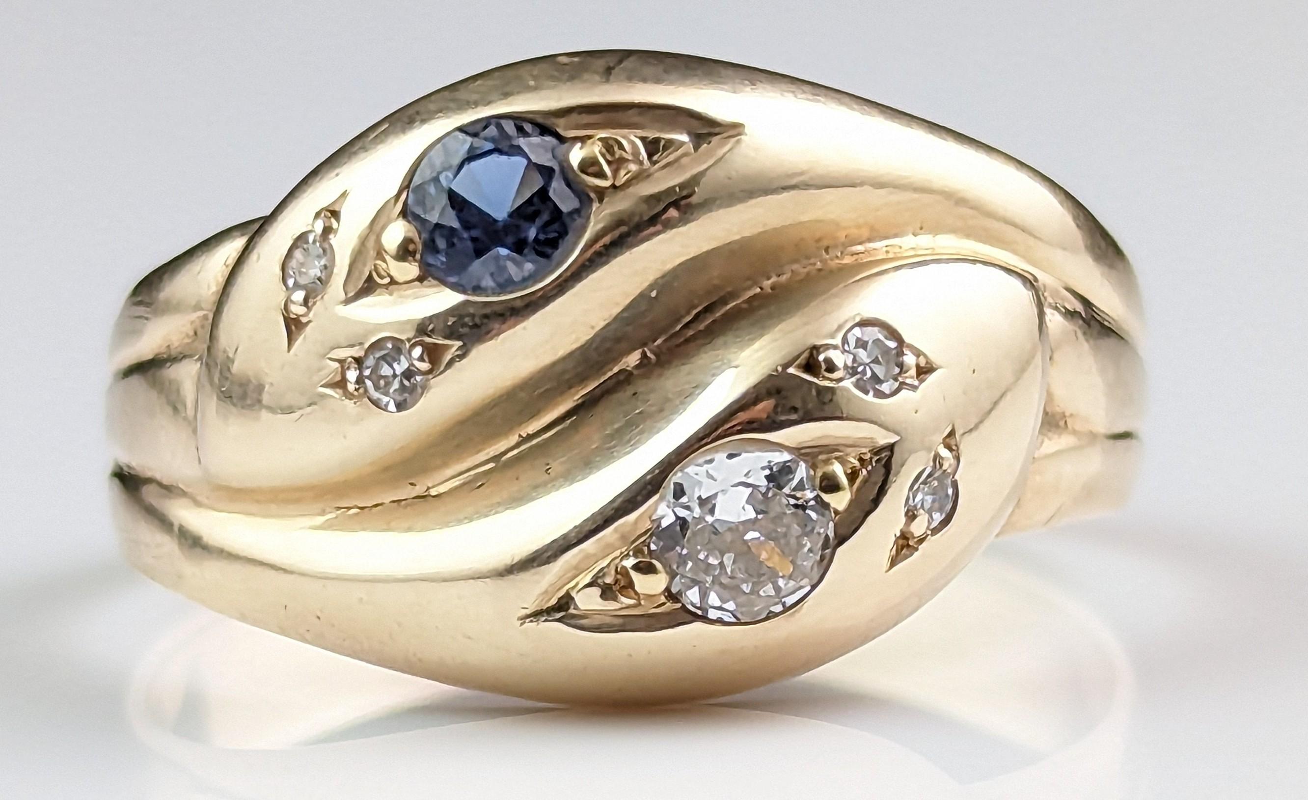 Antique Diamond and Sapphire Snake Ring, 9k Yellow Gold For Sale 1