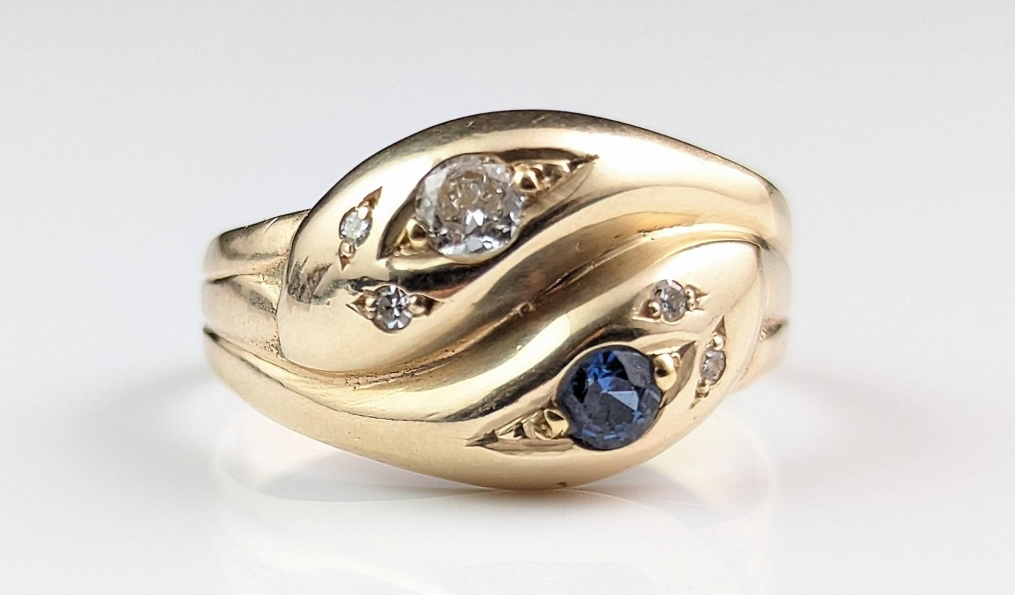 Antique Diamond and Sapphire Snake Ring, 9k Yellow Gold For Sale 2