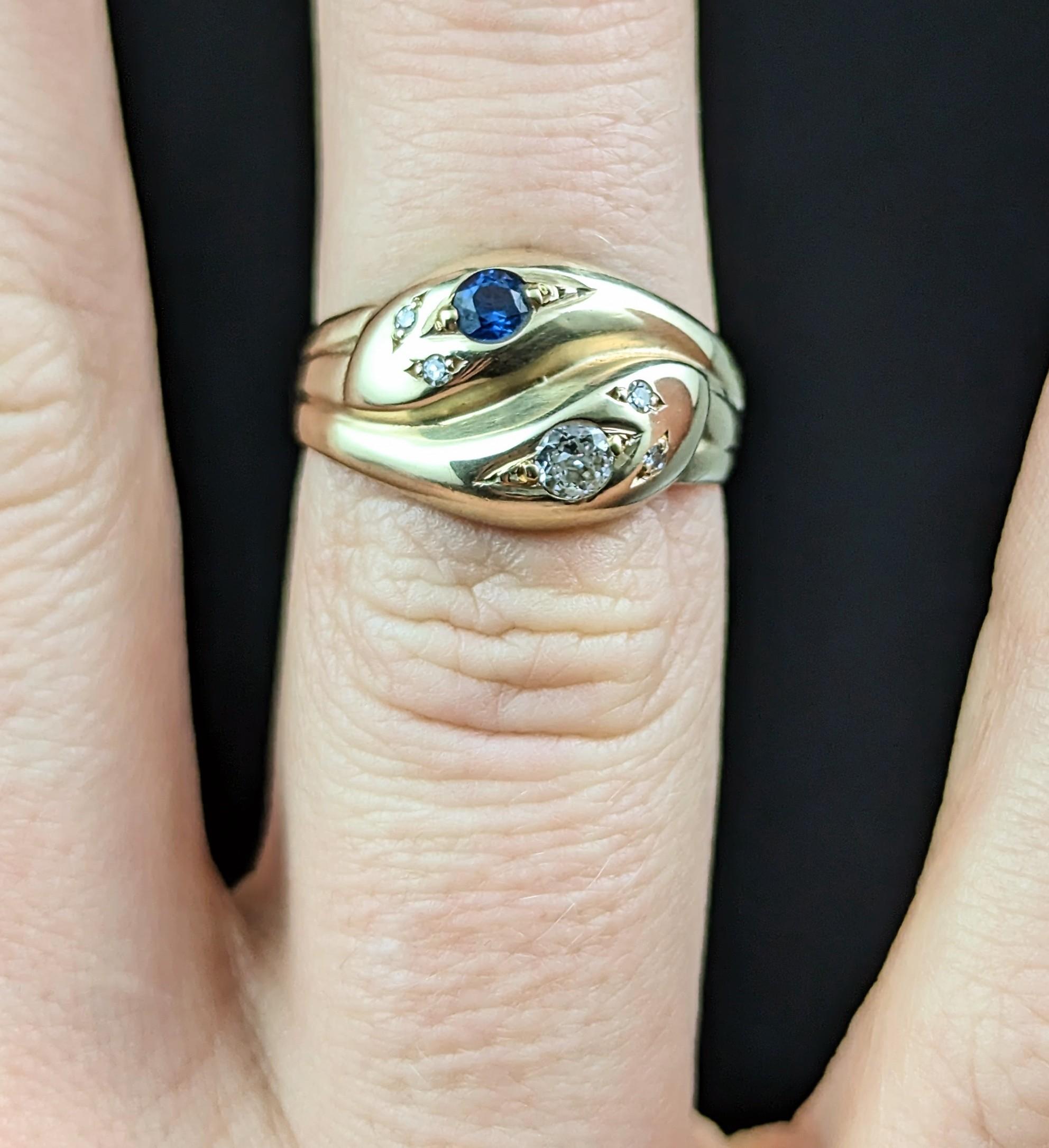 Antique Diamond and Sapphire Snake Ring, 9k Yellow Gold For Sale 3