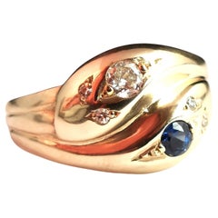 Antique Diamond and Sapphire Snake Ring, 9k Yellow Gold