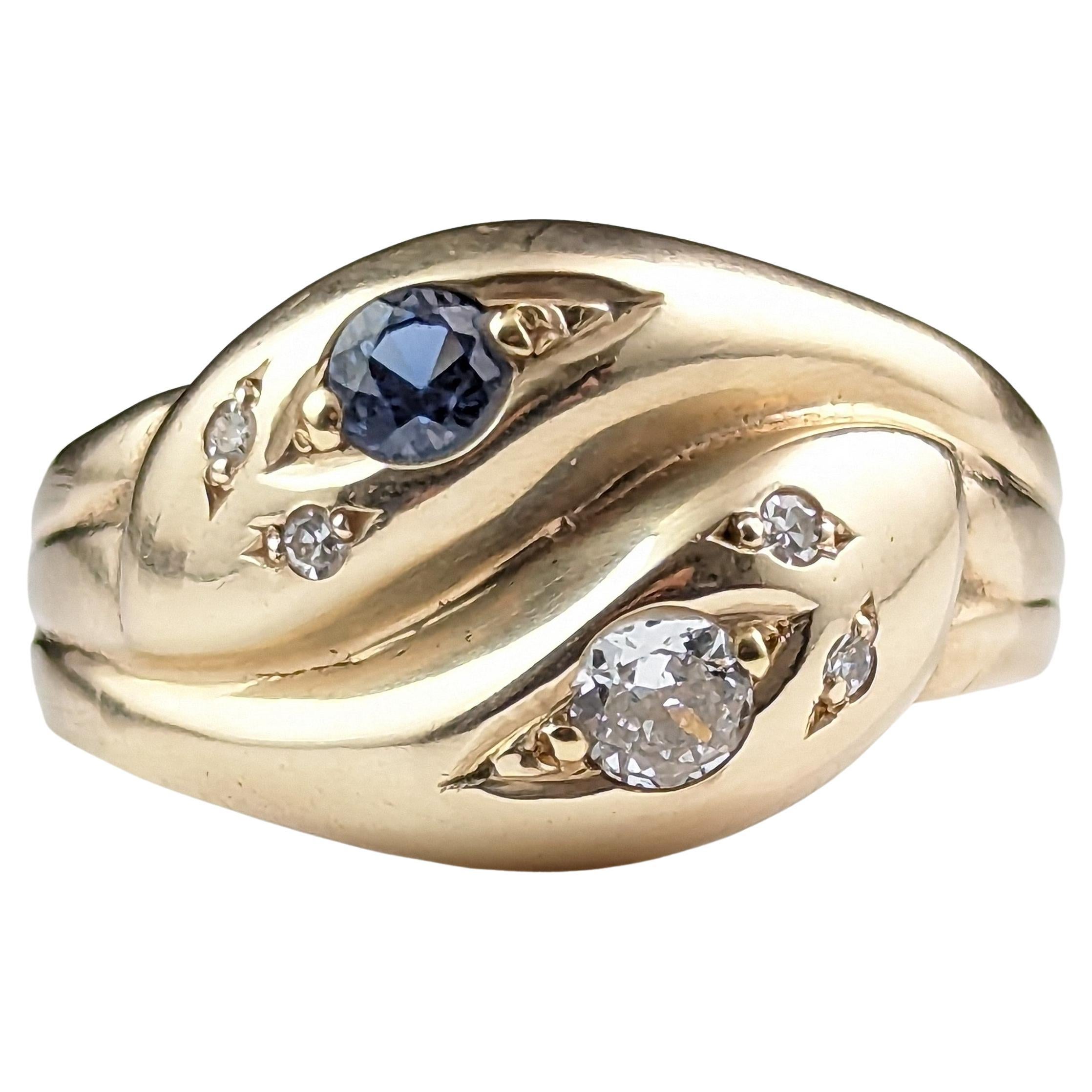 Antique Diamond and Sapphire Snake Ring, 9k Yellow Gold