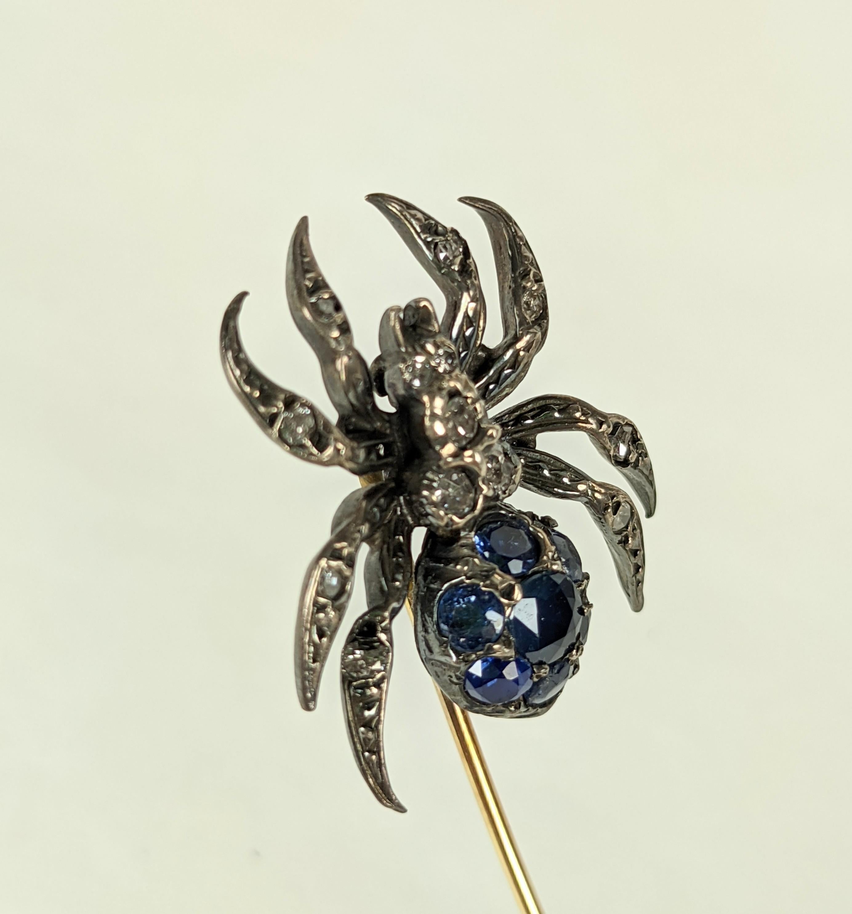 Round Cut Antique Diamond and Sapphire Spider Stickpin For Sale