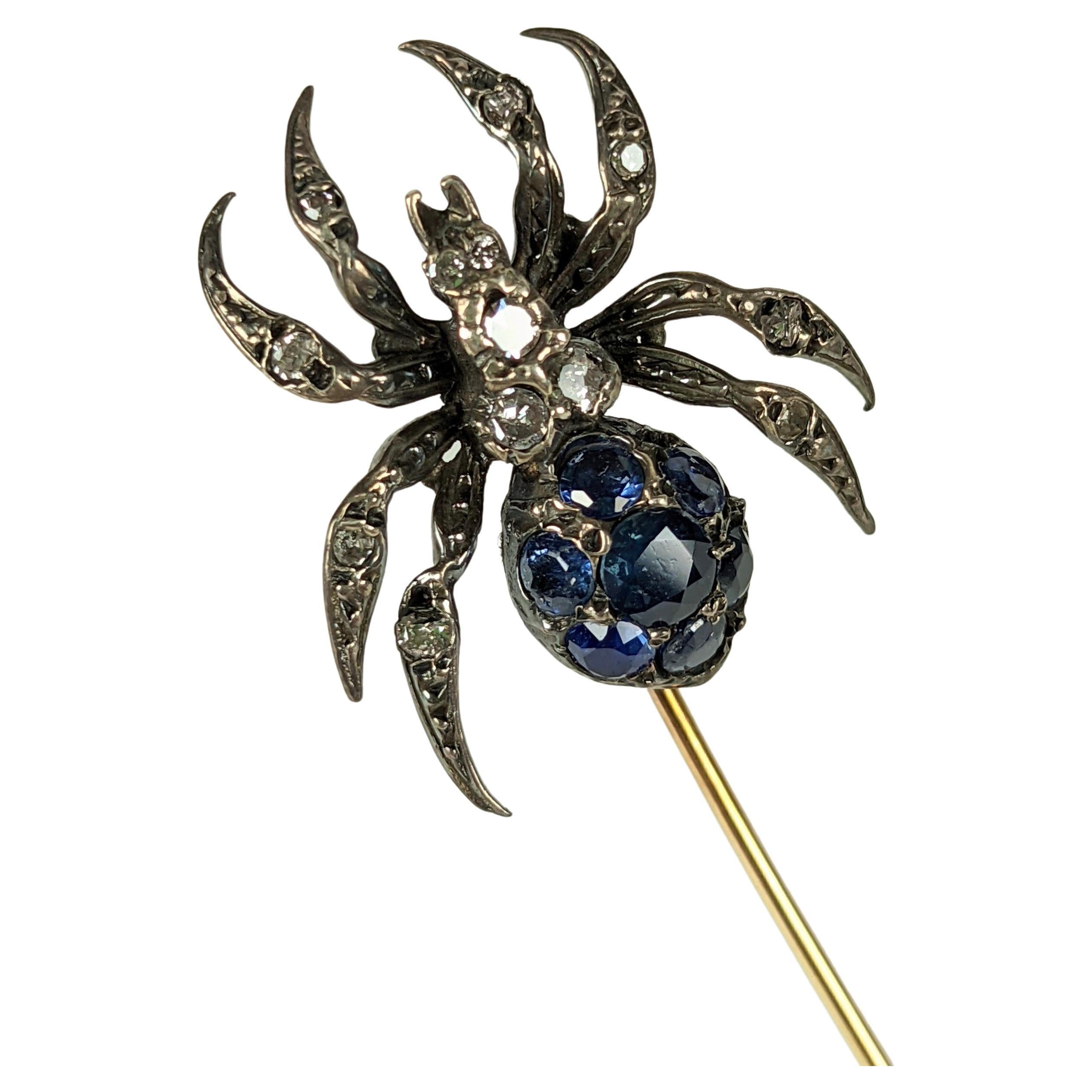 Antique Diamond and Sapphire Spider Stickpin For Sale
