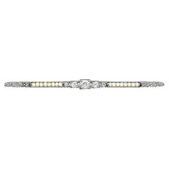 Antique Diamond and Seed Pearl White Gold Bar Brooch