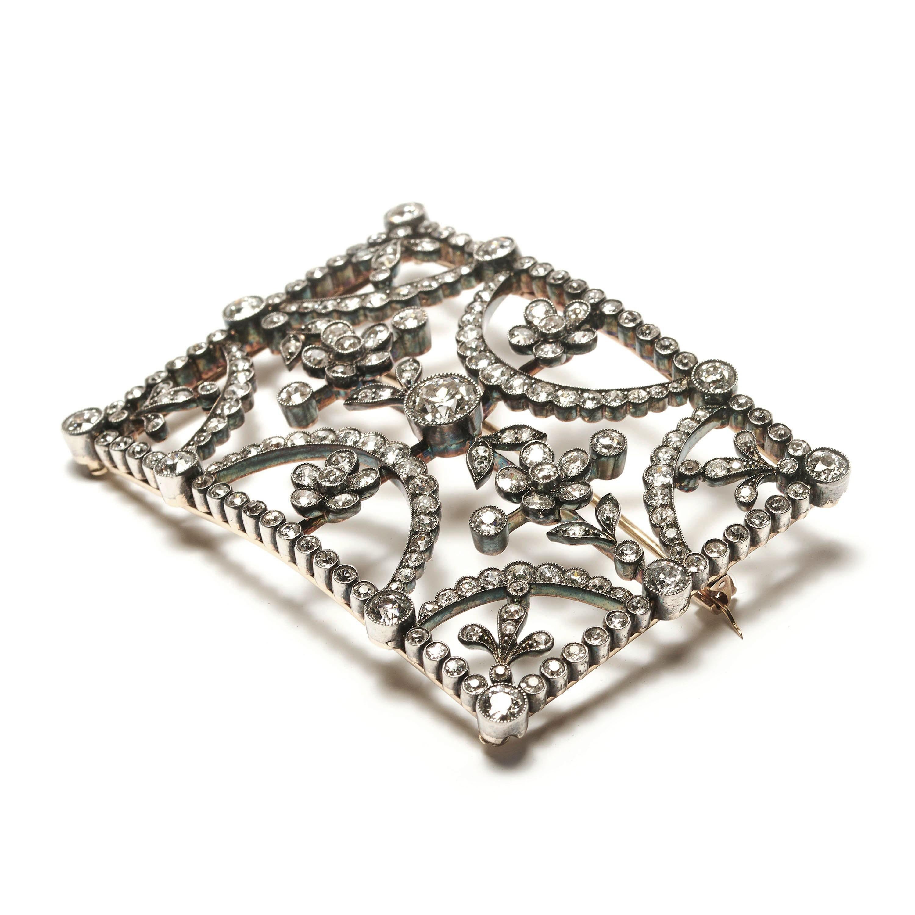 Late Victorian Antique Diamond and Silver Upon Gold Buckle Brooch, circa 1890 For Sale
