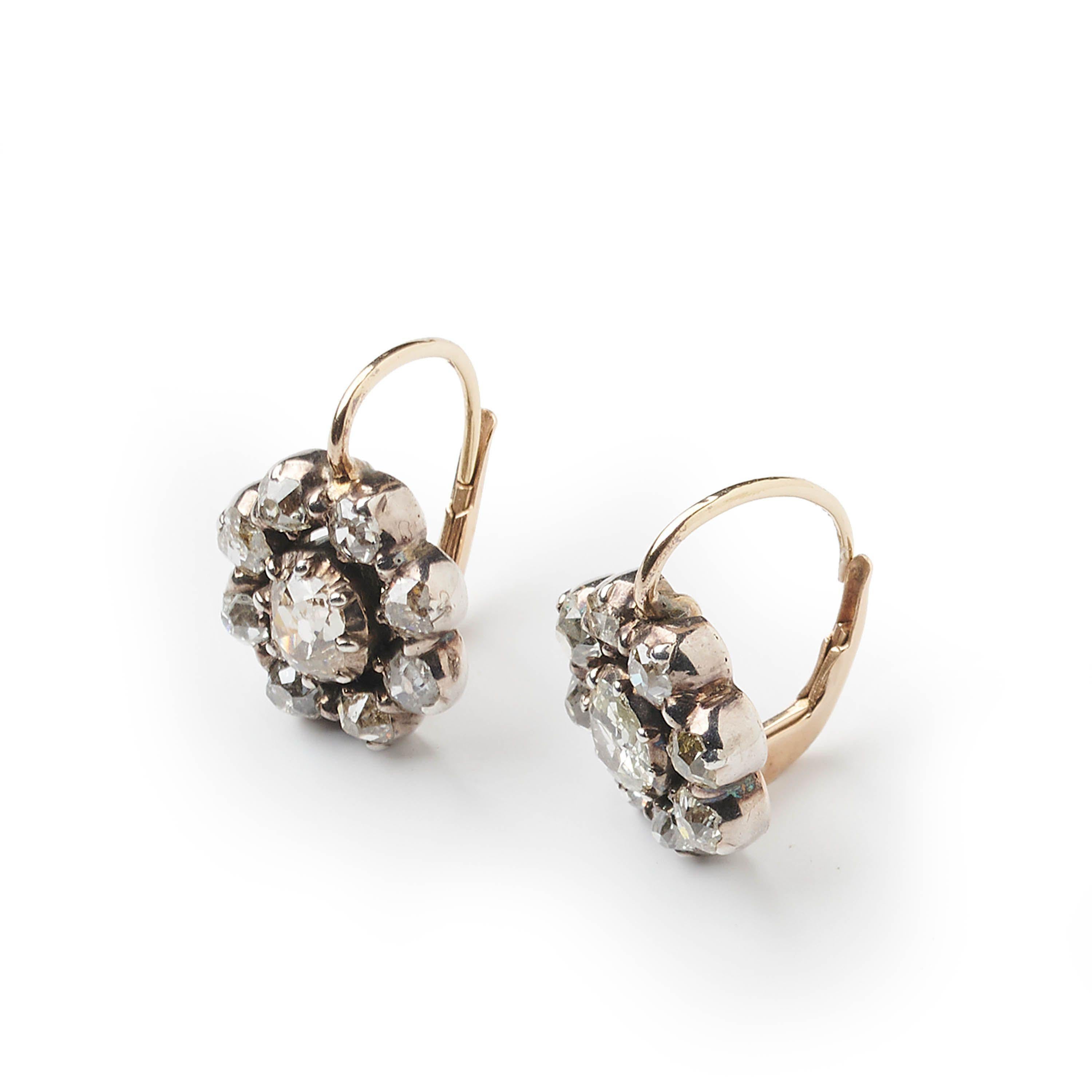 Victorian Antique Diamond and Silver Upon Gold Cluster Earrings, Circa 1880, 4.50 Carats