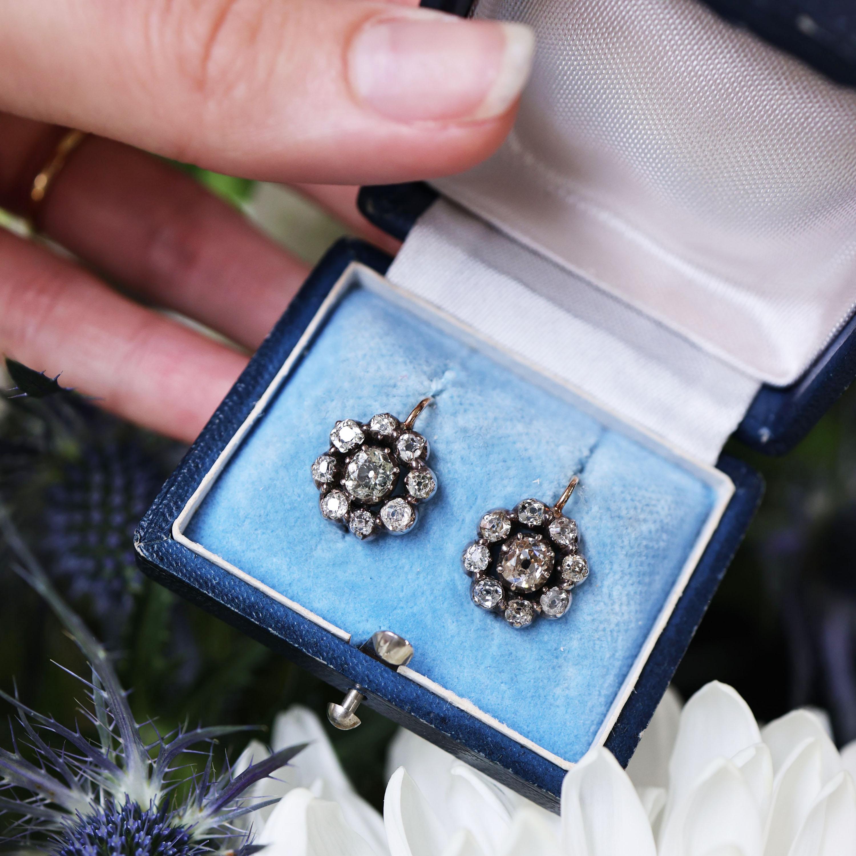 Old Mine Cut Antique Diamond and Silver Upon Gold Cluster Earrings, Circa 1880, 4.50 Carats