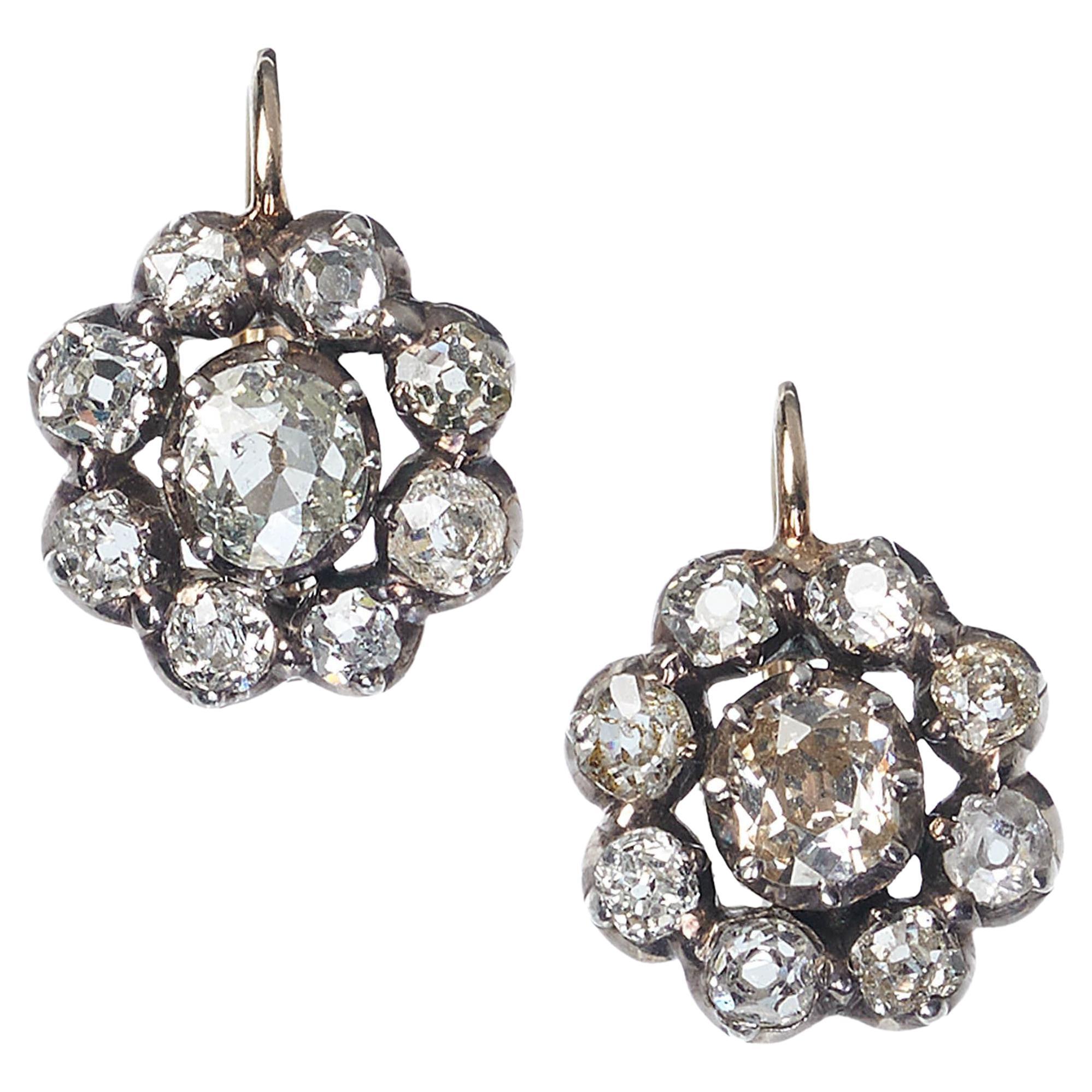 Antique Diamond and Silver Upon Gold Cluster Earrings, Circa 1880, 4.50 Carats For Sale