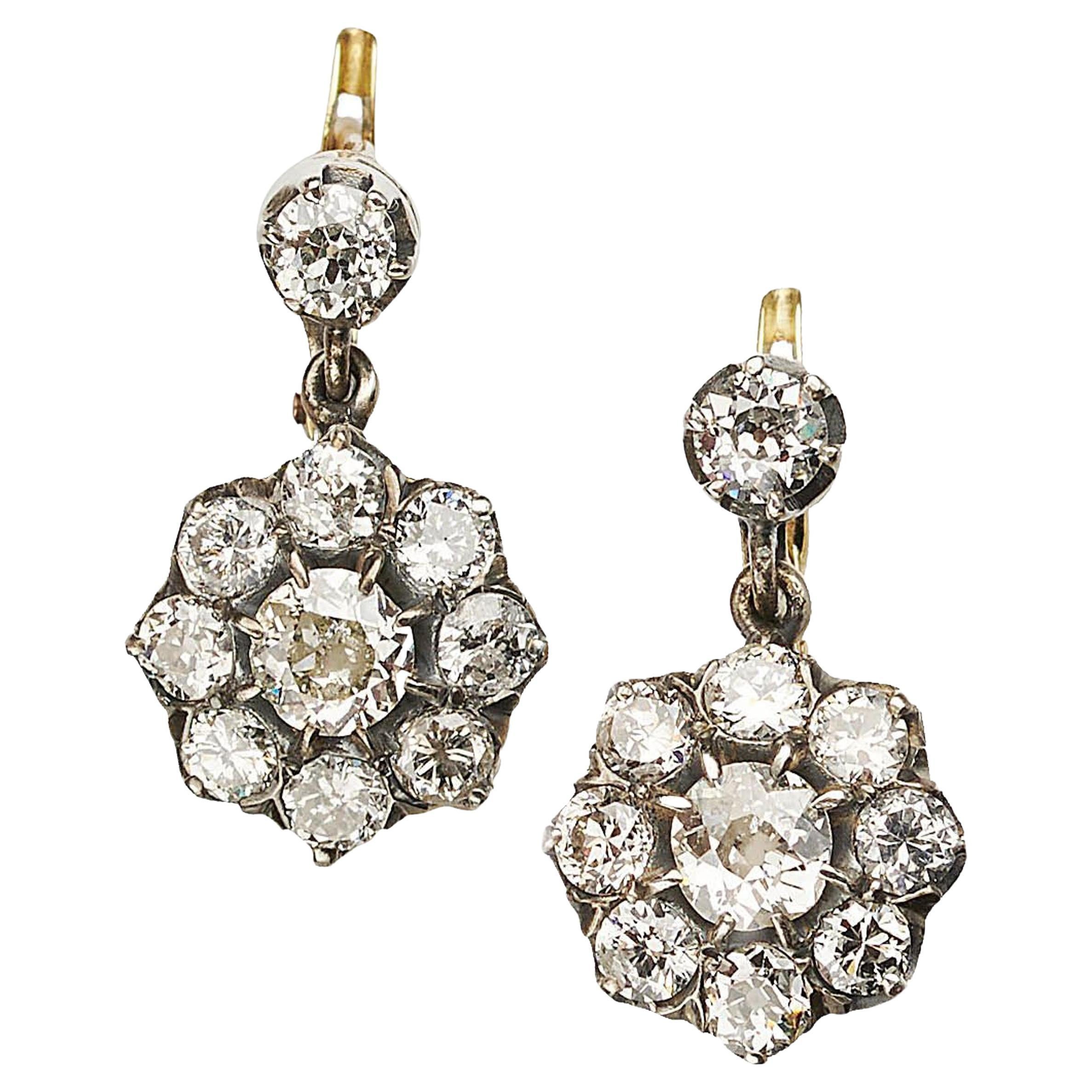 Antique Diamond and Silver Upon Gold Cluster Earrings, Circa 1920, 3.84 Carats