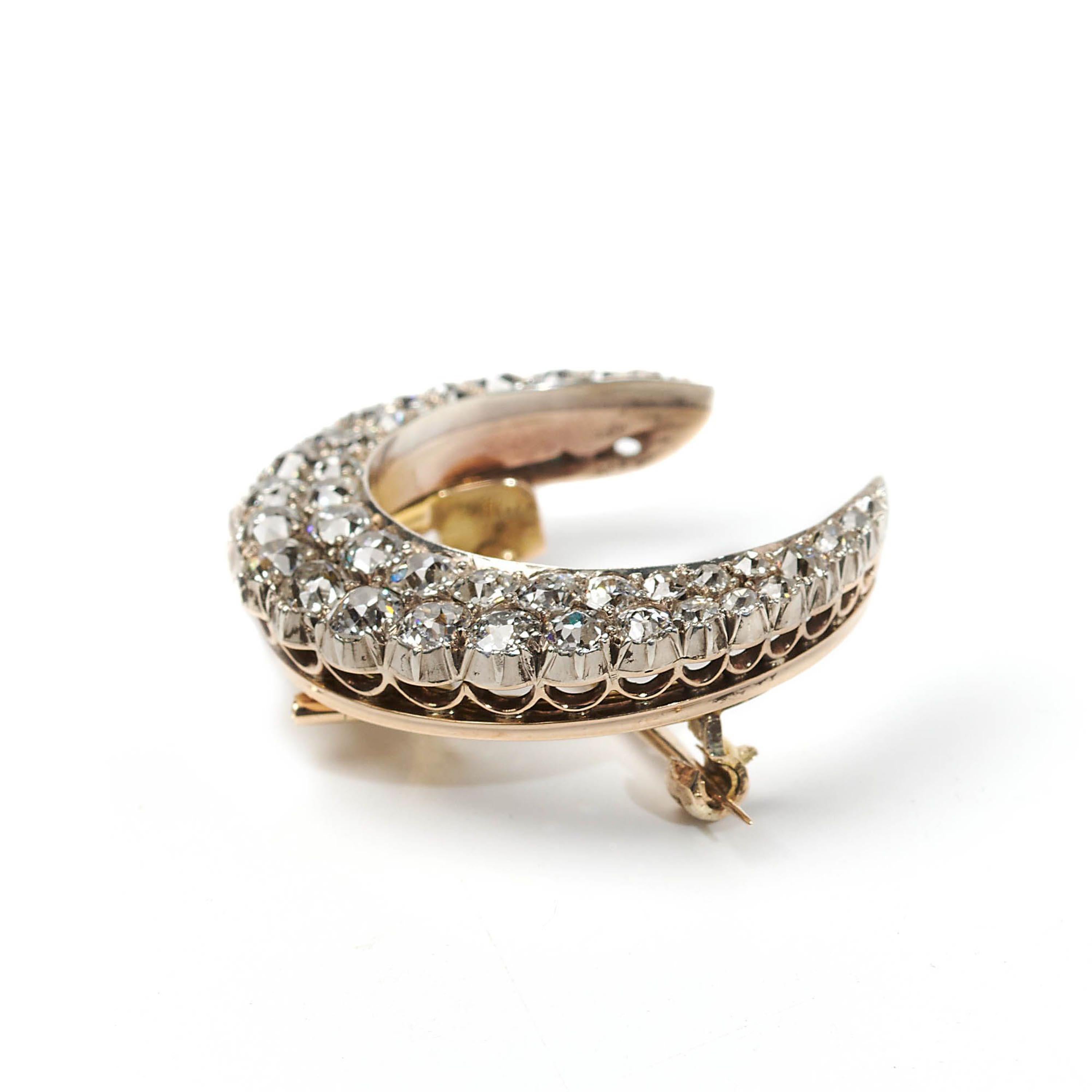 Victorian Antique Diamond and Silver Upon Gold Crescent Brooch, 4.00 Carats, Circa 1880 For Sale
