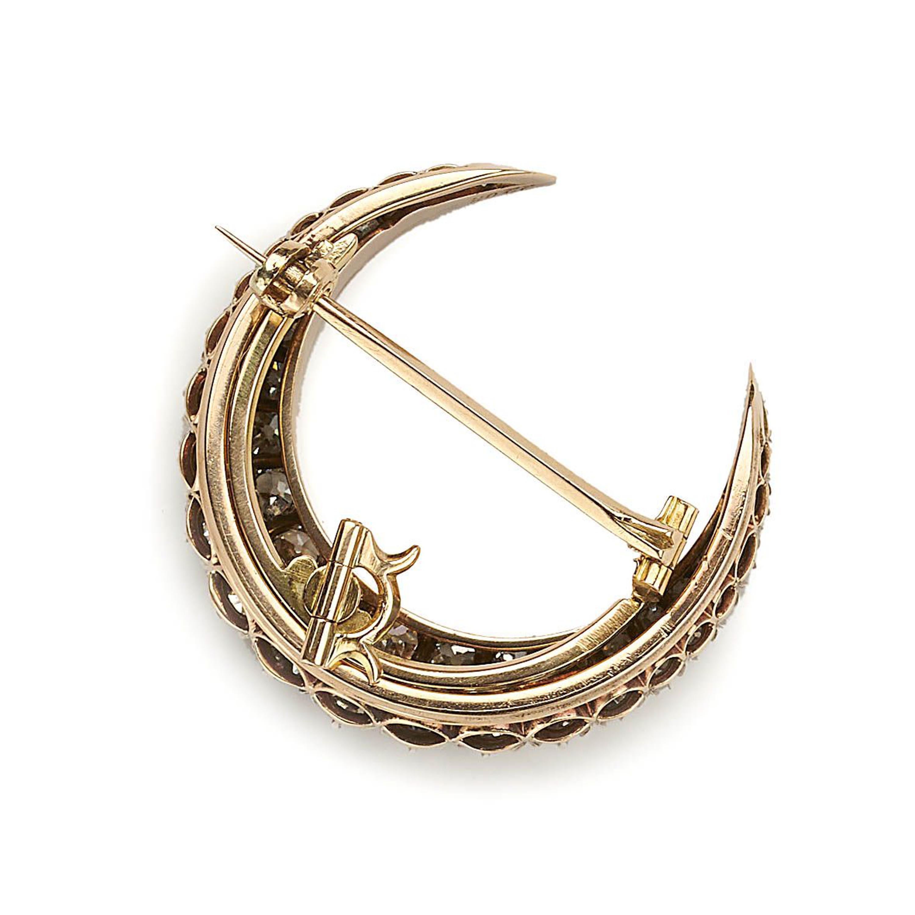 Old Mine Cut Antique Diamond and Silver Upon Gold Crescent Brooch, 4.00 Carats, Circa 1880 For Sale