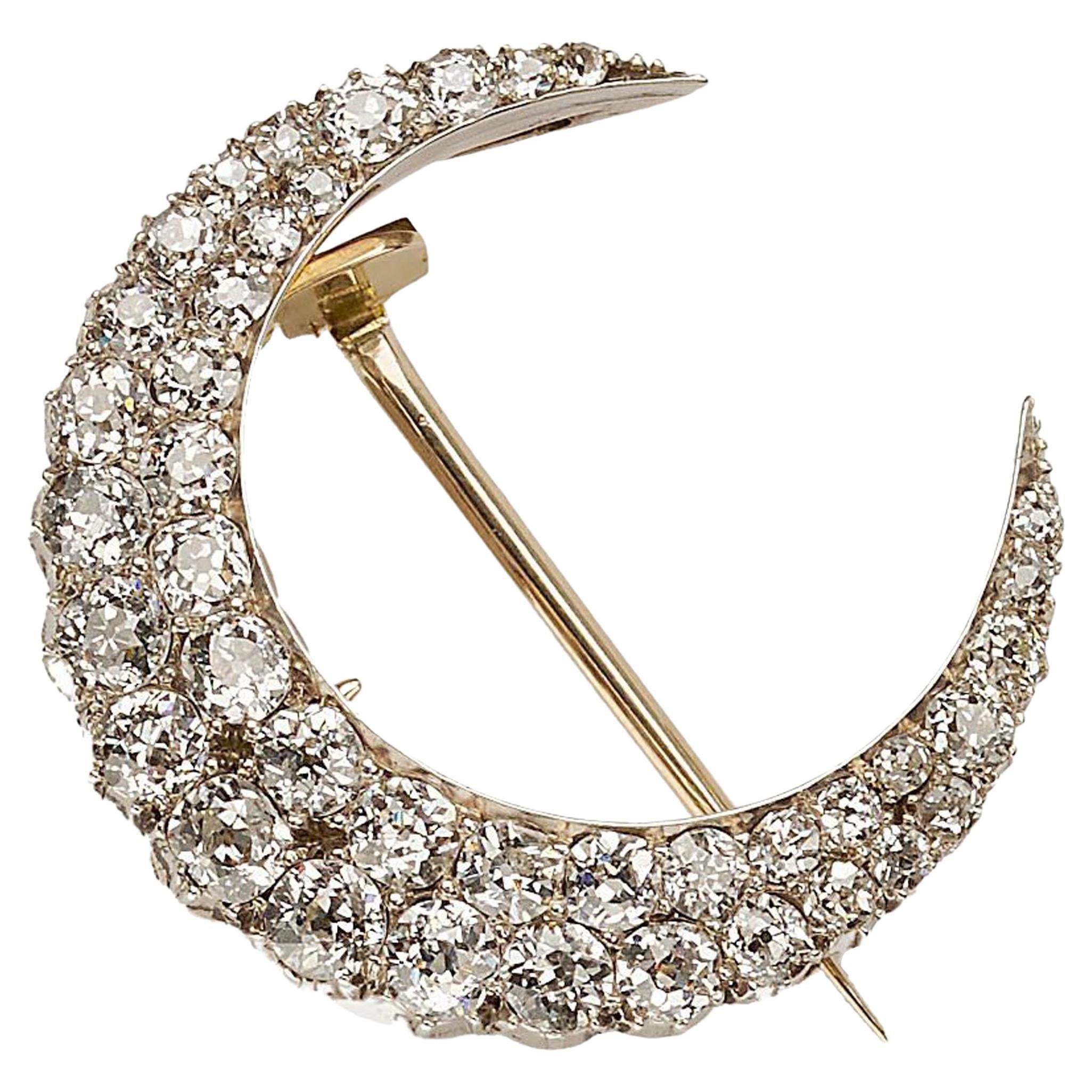 Antique Diamond and Silver Upon Gold Crescent Brooch, 4.00 Carats, Circa 1880