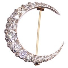 Antique Diamond and Silver Upon Gold Crescent Brooch, Circa 1890, 3.50 Carats