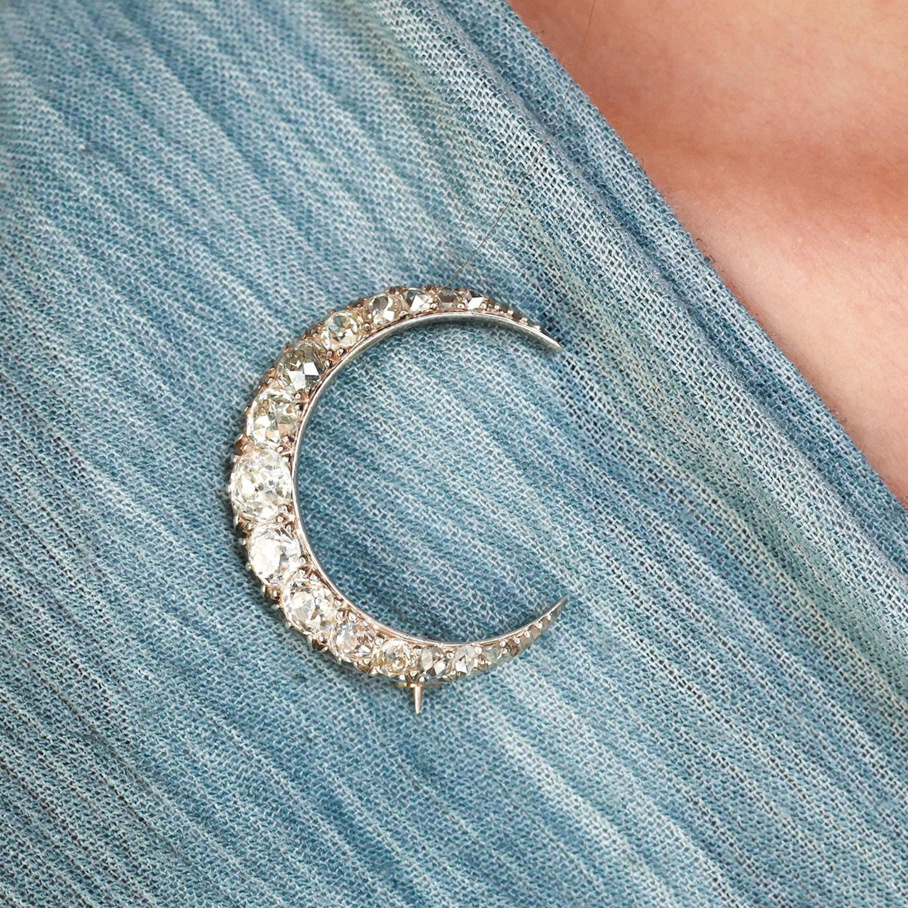 Women's Antique Diamond and Silver Upon Gold Crescent Brooch, Circa 1890, 4.00 Carats For Sale