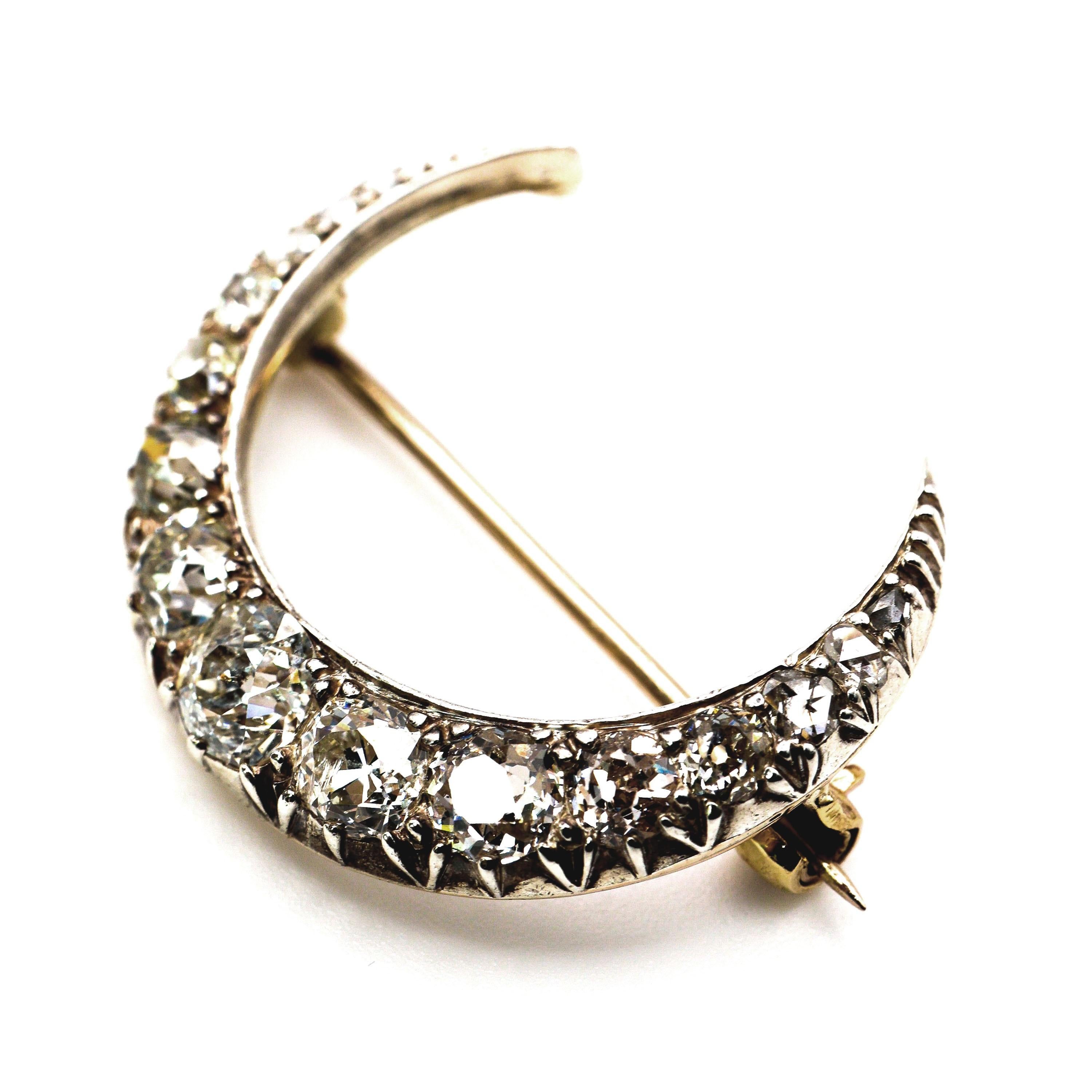 Antique Diamond and Silver Upon Gold Crescent Brooch, Circa 1890, 4.00 Carats For Sale 1