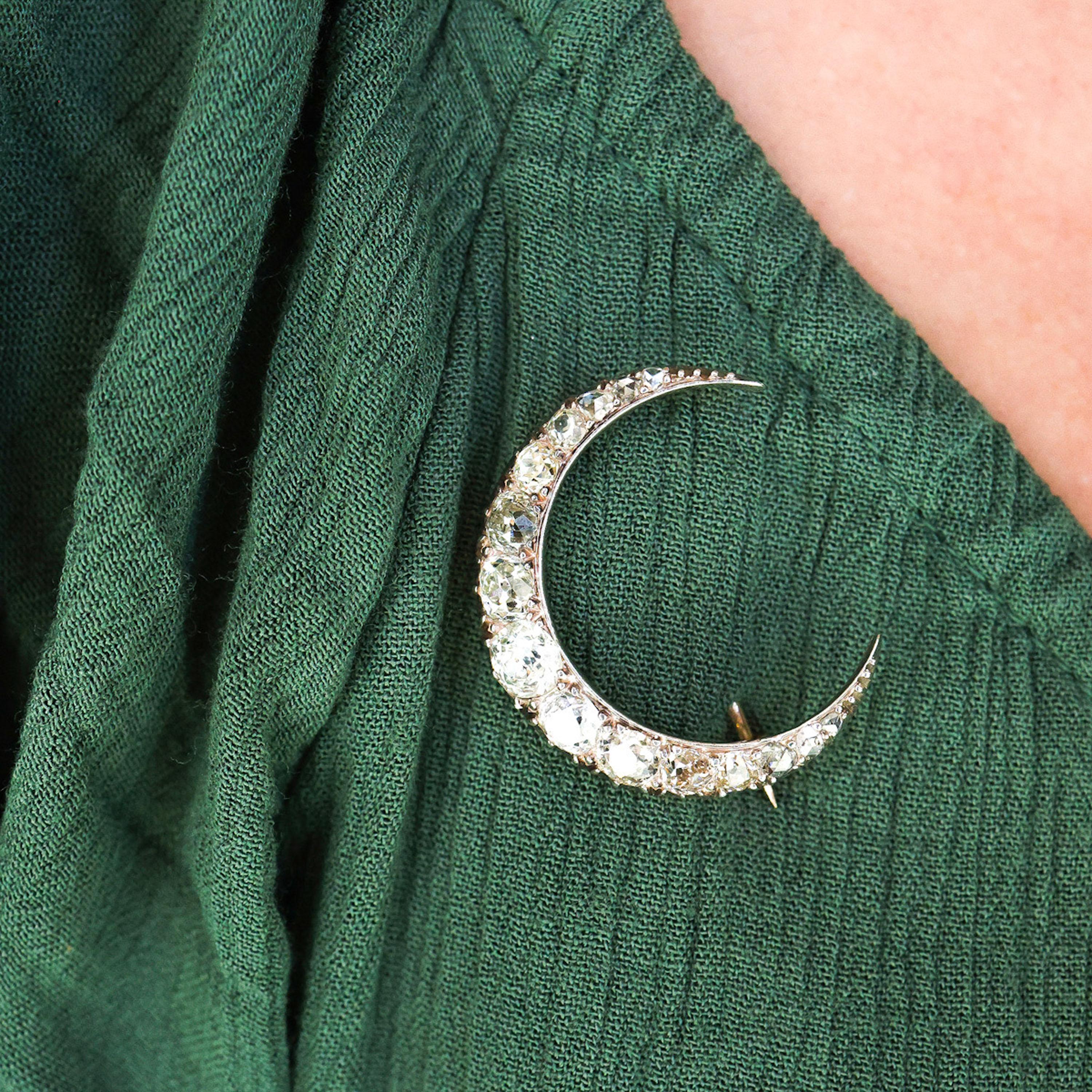 Antique Diamond and Silver Upon Gold Crescent Brooch, Circa 1890, 4.00 Carats For Sale 2