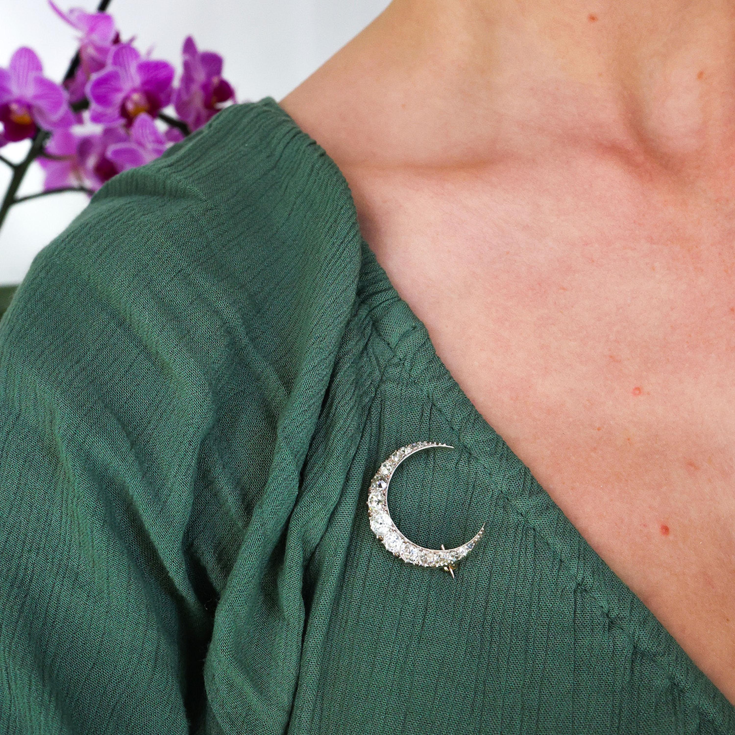 Old Mine Cut Antique Diamond and Silver Upon Gold Crescent Brooch, Circa 1890, 4.00 Carats For Sale