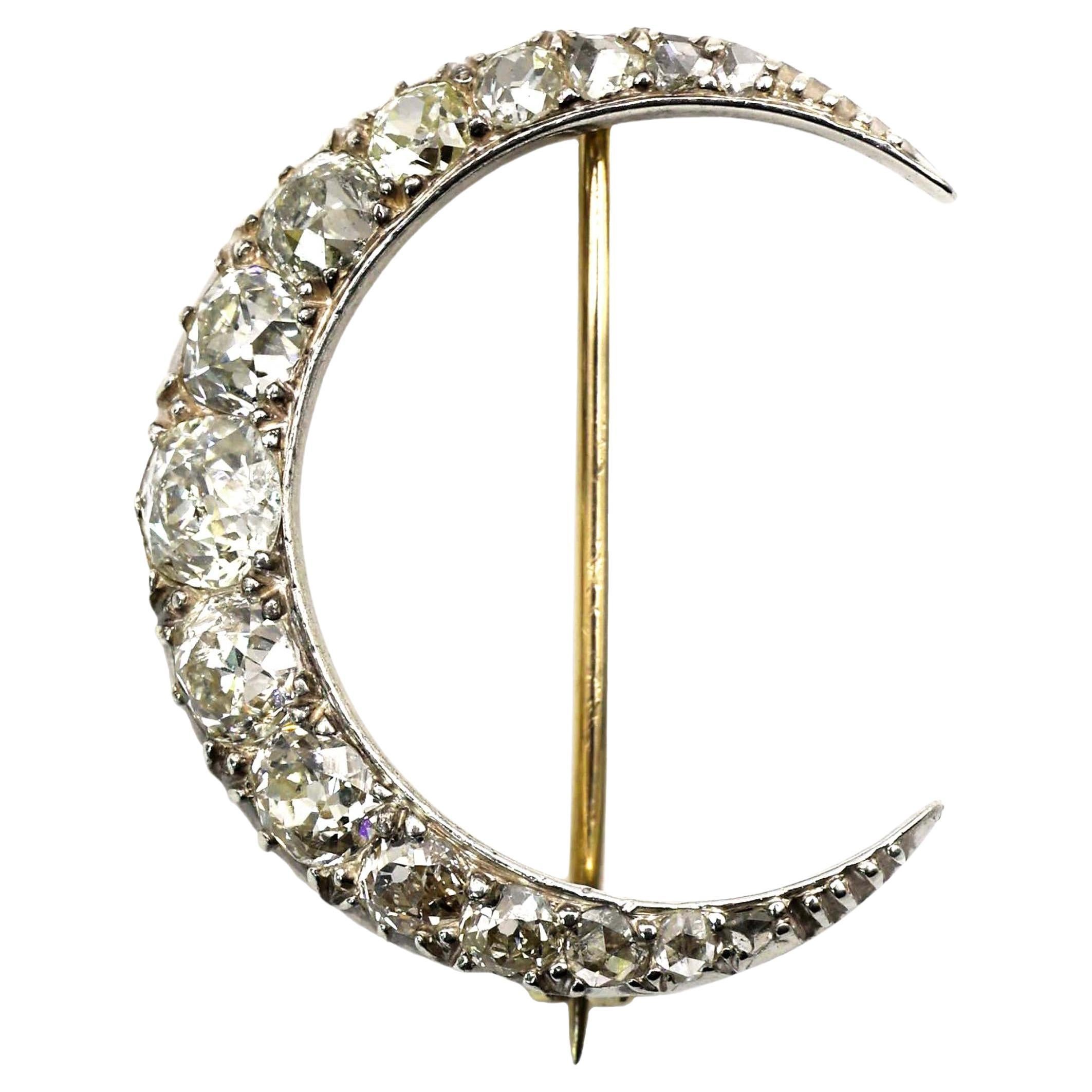 Antique Diamond and Silver Upon Gold Crescent Brooch, Circa 1890, 4.00 Carats