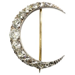 Antique Diamond and Silver Upon Gold Crescent Brooch, Circa 1890, 4.00 Carats