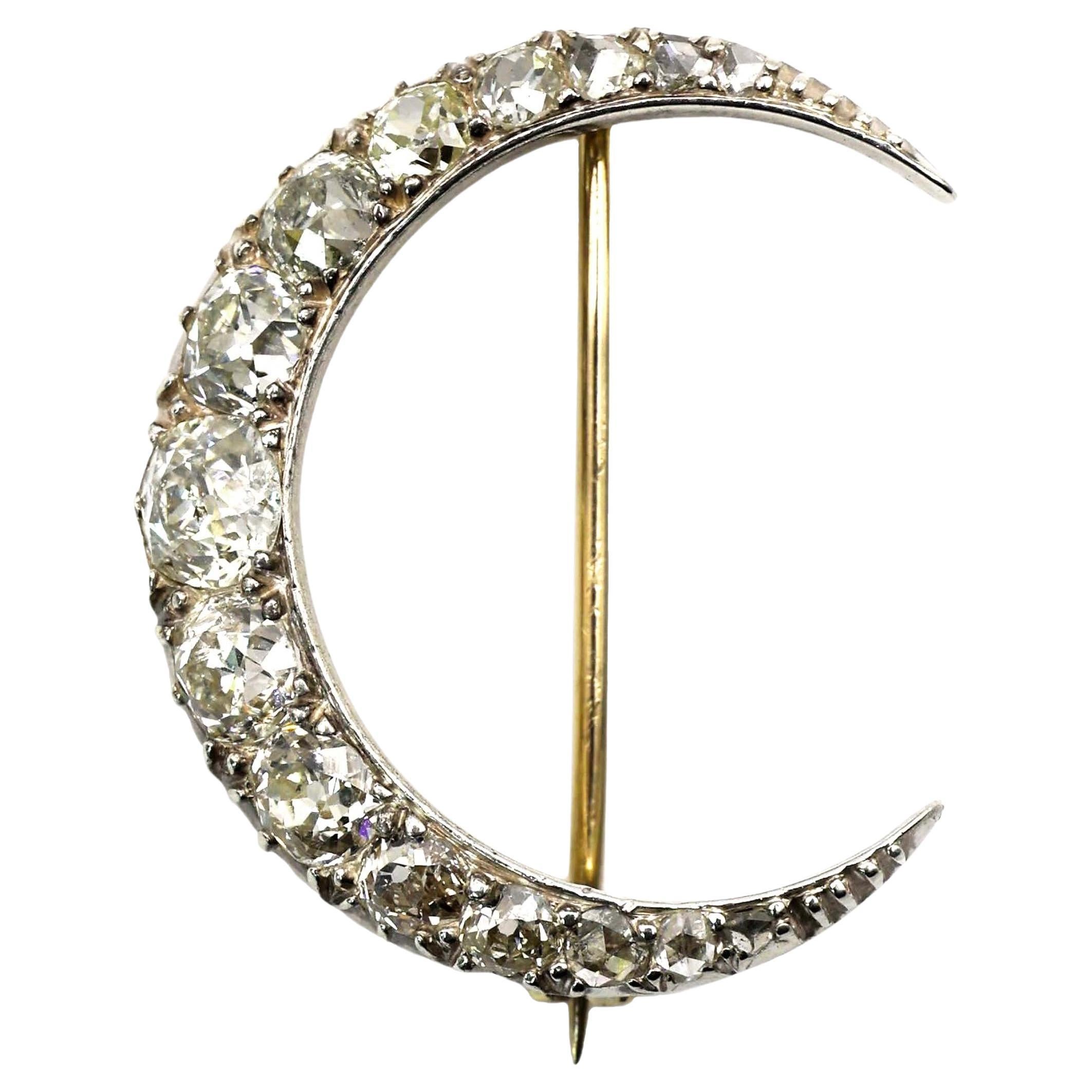Antique Diamond and Silver Upon Gold Crescent Brooch, Circa 1890, 4.00 Carats