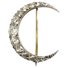 Antique Diamond and Silver Upon Gold Crescent Brooch, Circa 1890, 4.00 Carats