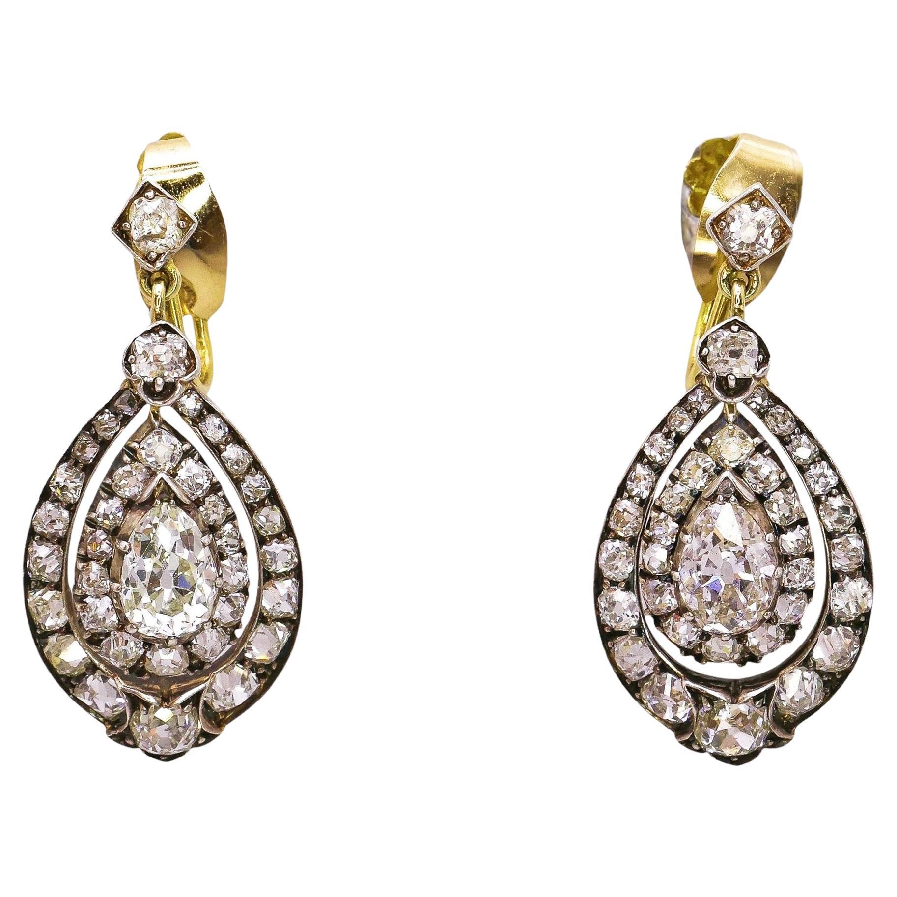 Antique Diamond and Silver Upon Gold Earrings, Circa 1870, with provenance