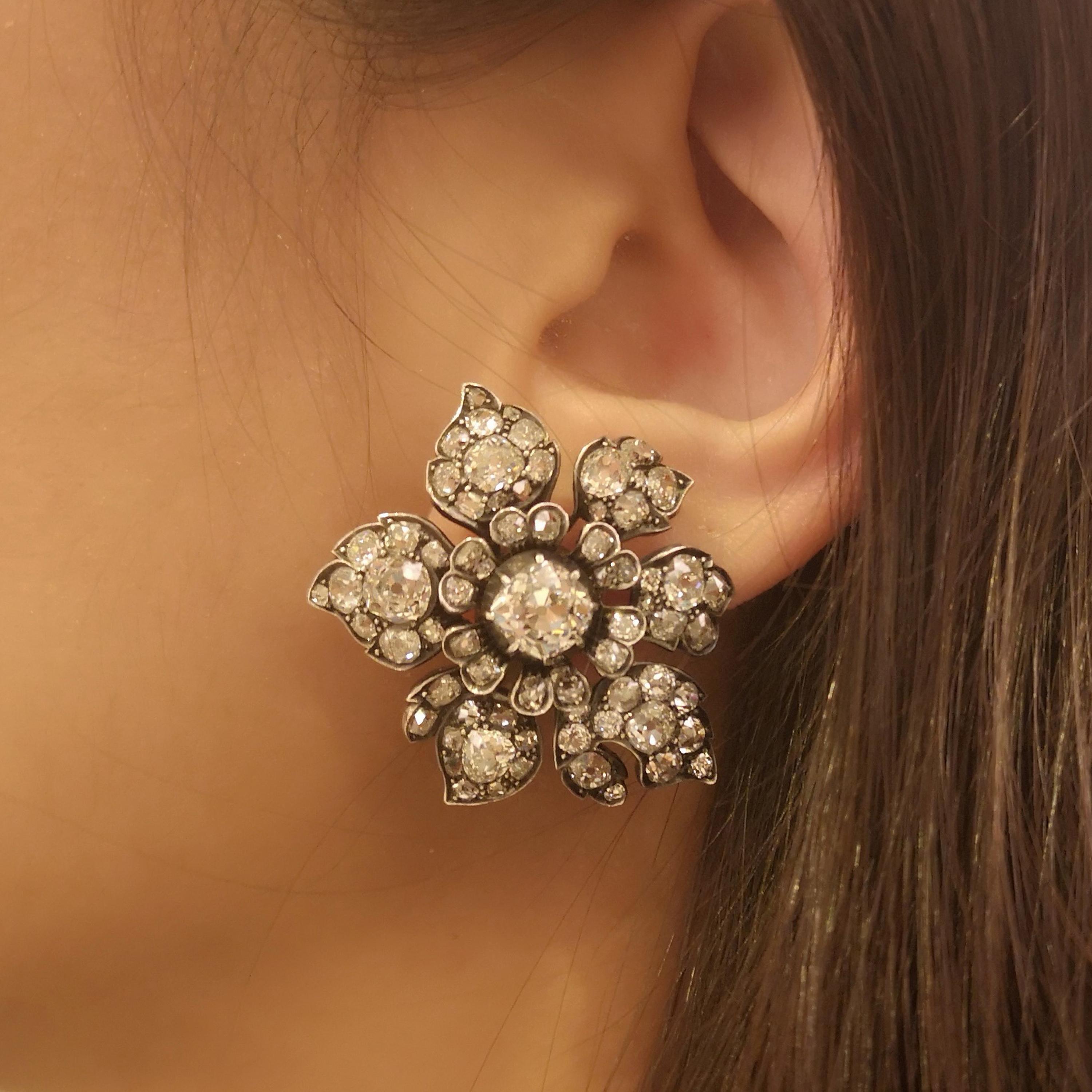 Victorian Antique Diamond and Silver-Upon-Gold Flower Earrings Circa 1880 9.00 Carats For Sale