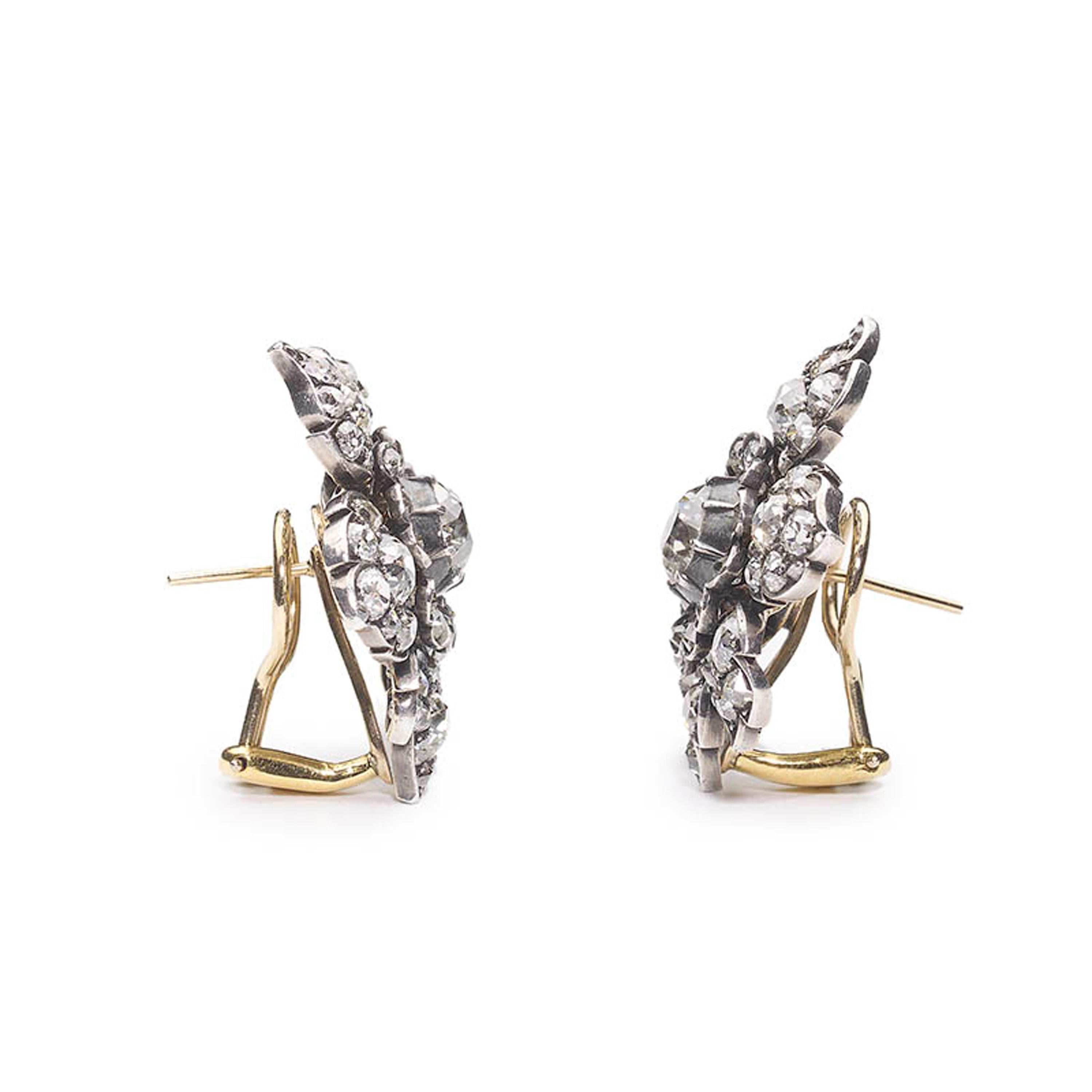 Old Mine Cut Antique Diamond and Silver-Upon-Gold Flower Earrings Circa 1880 9.00 Carats For Sale