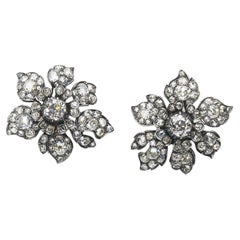 Antique Diamond and Silver-Upon-Gold Flower Earrings Circa 1880, 9.00 Carats