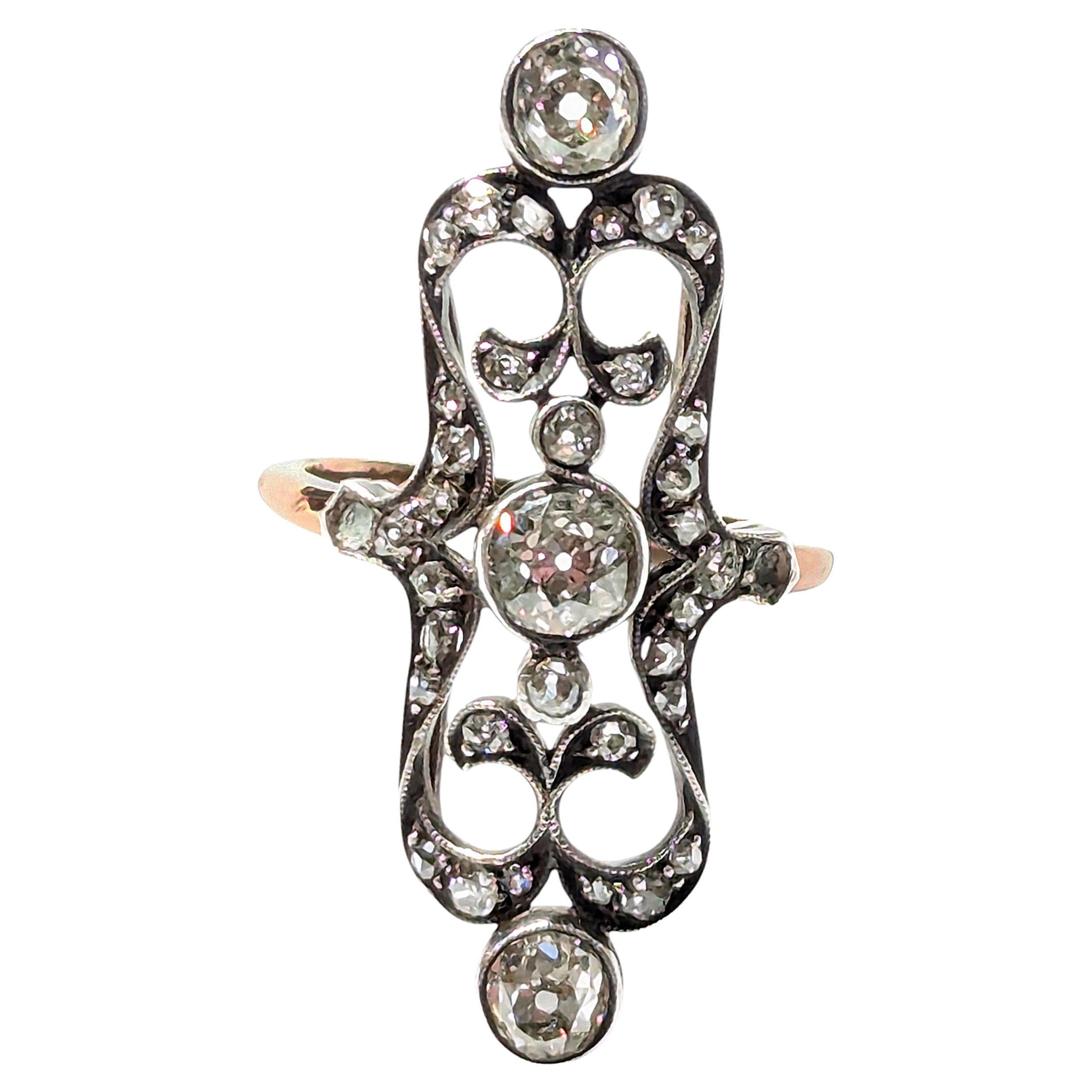 Antique Diamond and Silver Upon Gold Plaque Ring, Circa 1900