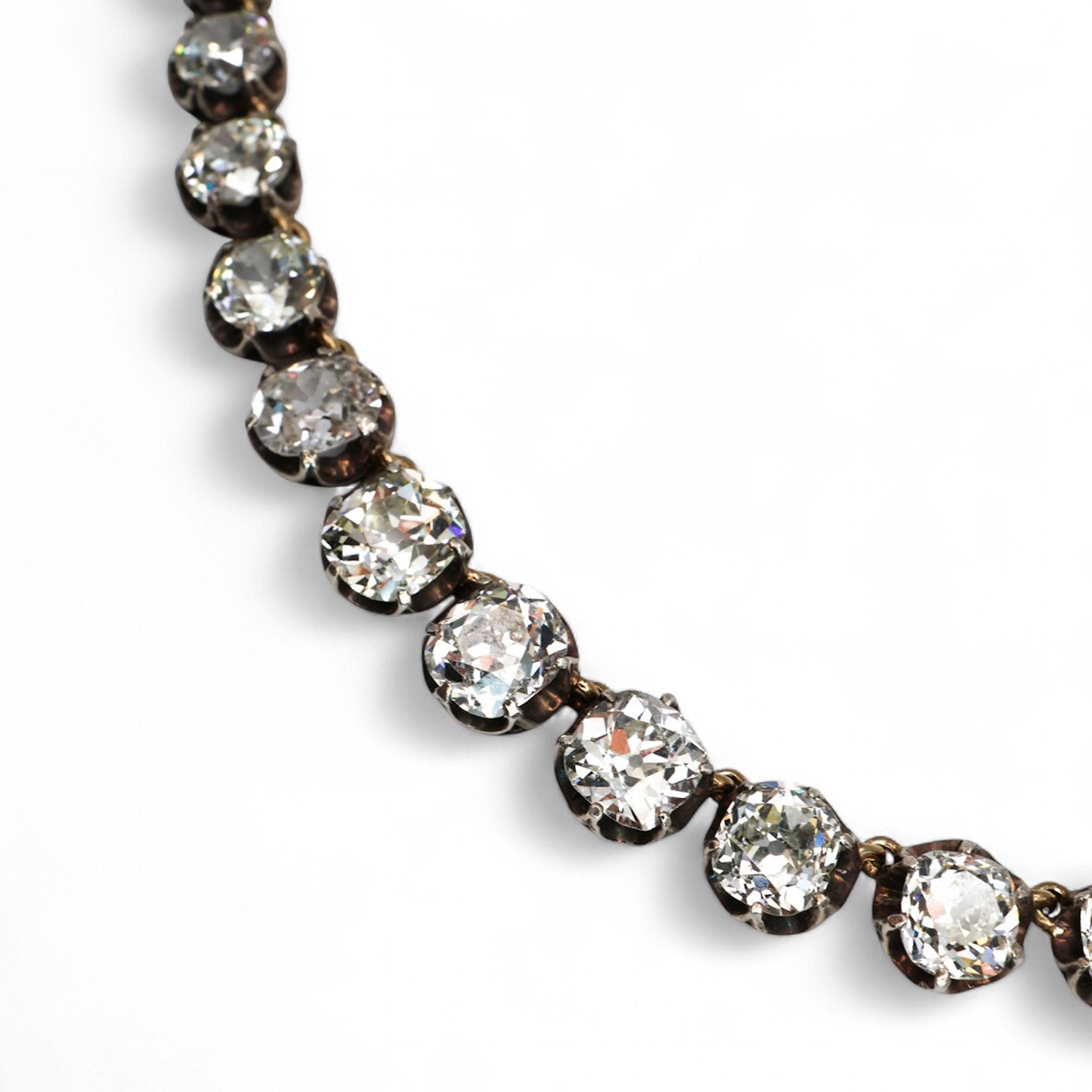 Victorian Antique Diamond and Silver Upon Gold Riviére Necklace, 40.00 Carats, Circa 1880 For Sale